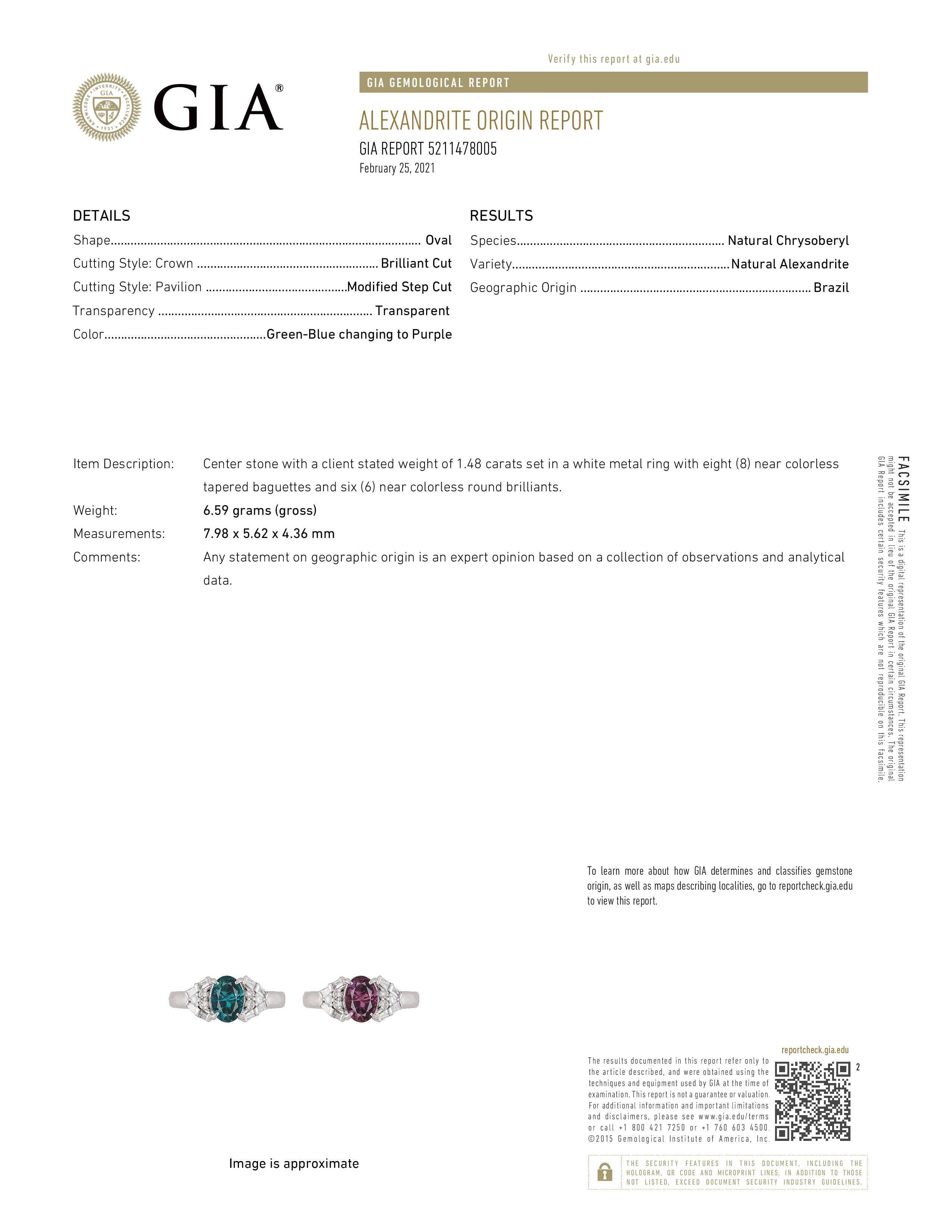 This is a gorgeous natural AAA quality oval Alexandrite surrounded by dainty diamonds that is set in a vintage platinum setting. This ring features a natural 1.48 carat oval alexandrite that is certified by the Gemological Institute of America (GIA)