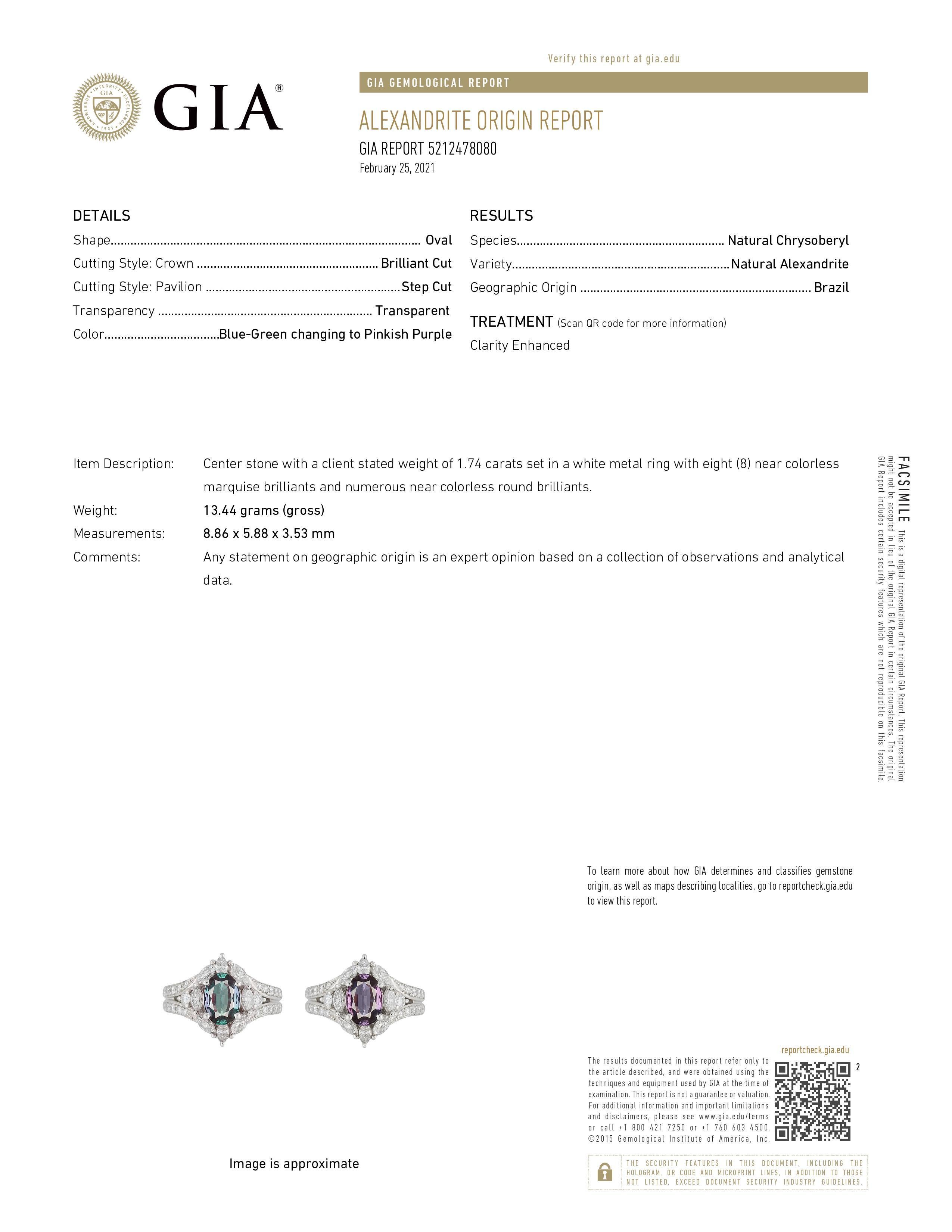 Bague cocktail en alexandrite brésilienne et diamant de 1,74 carat, certifiée par le GIA Neuf - En vente à New York, NY