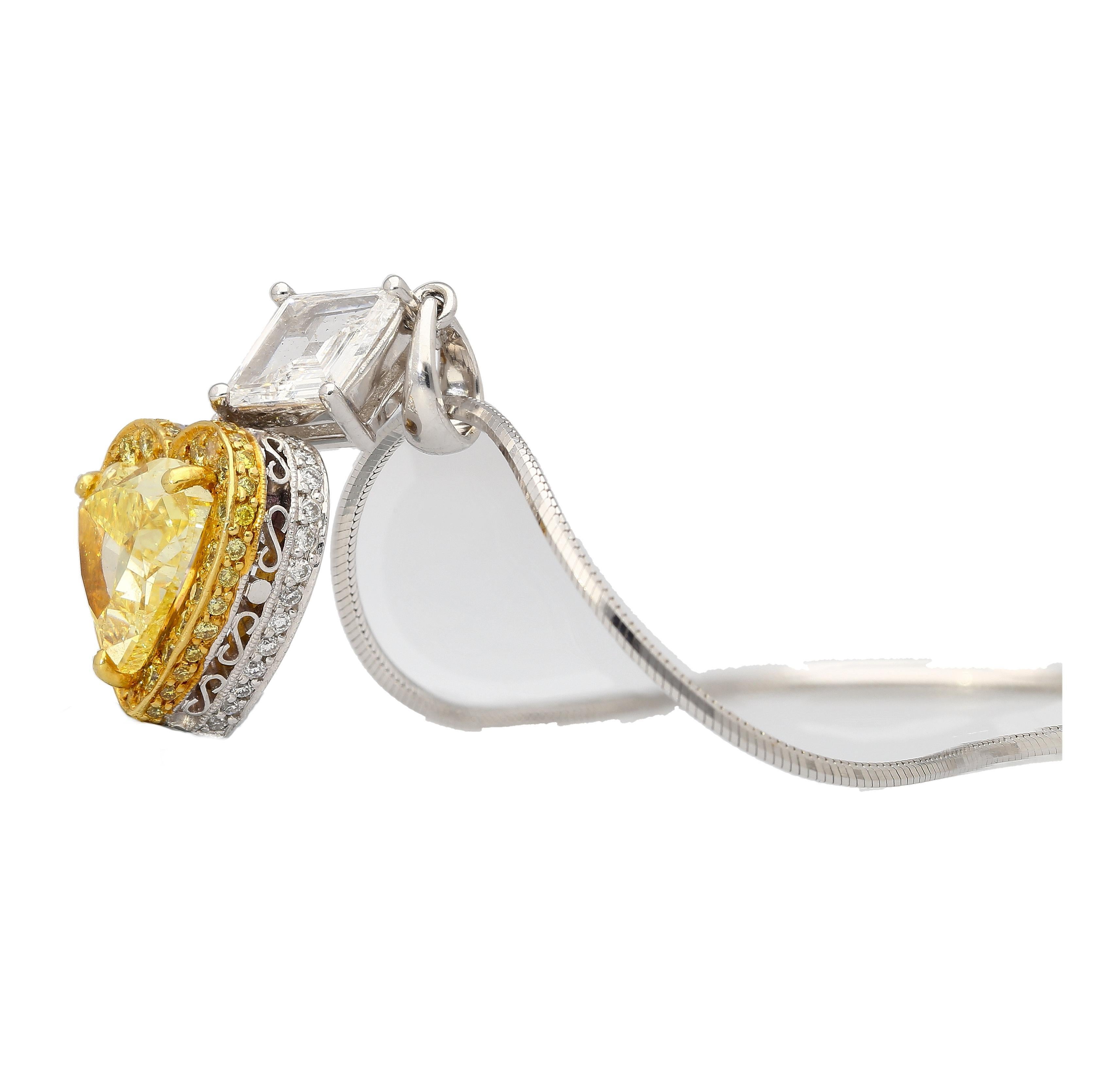 Contemporary Natural GIA Certified 2.02 Carat Fancy Yellow Diamond Heart Platinum Necklace For Sale