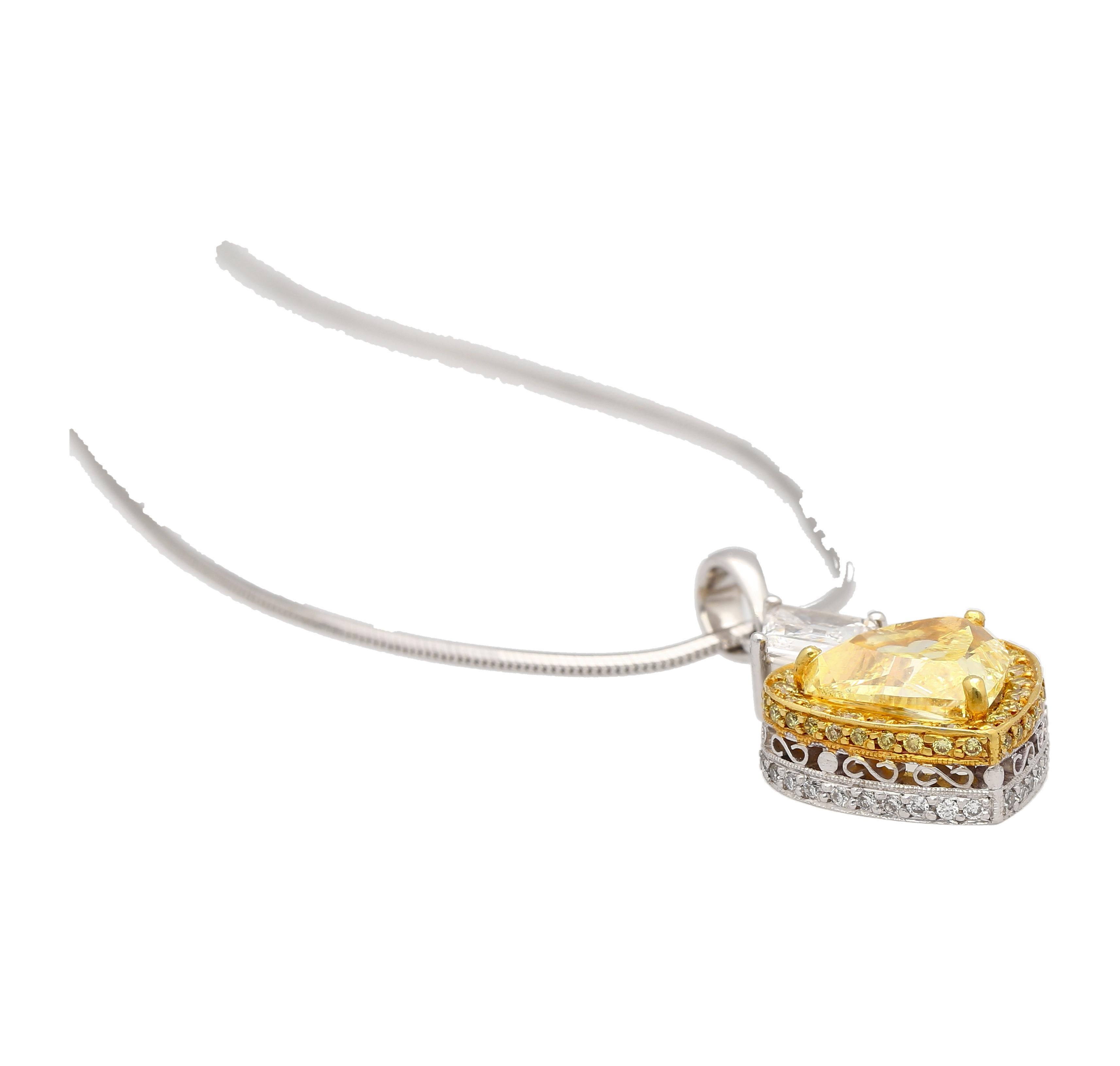 Women's Natural GIA Certified 2.02 Carat Fancy Yellow Diamond Heart Platinum Necklace For Sale