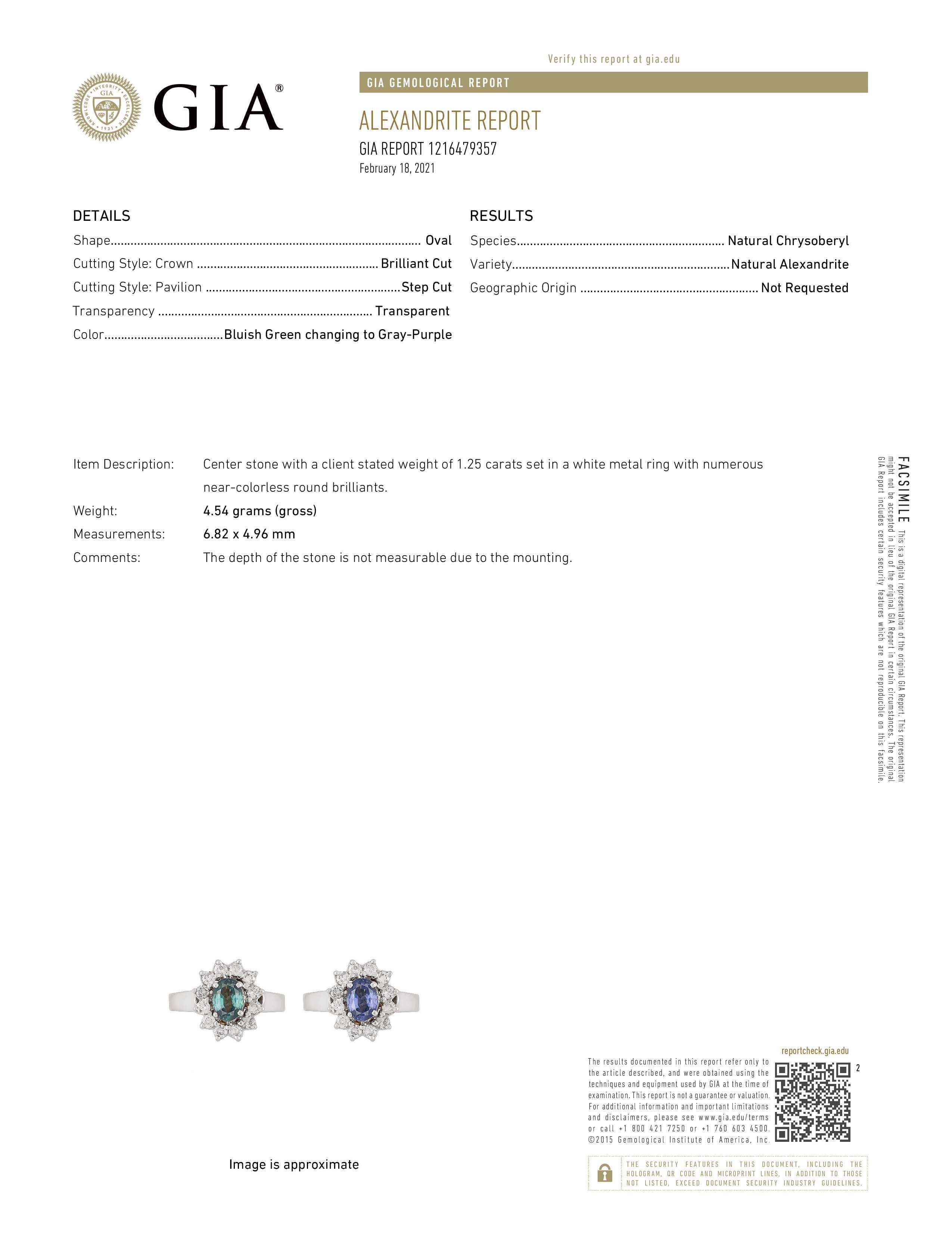 Natural GIA Certified Alexandrite 1.25 Carat & Diamond 14k White Gold Ring For Sale 2