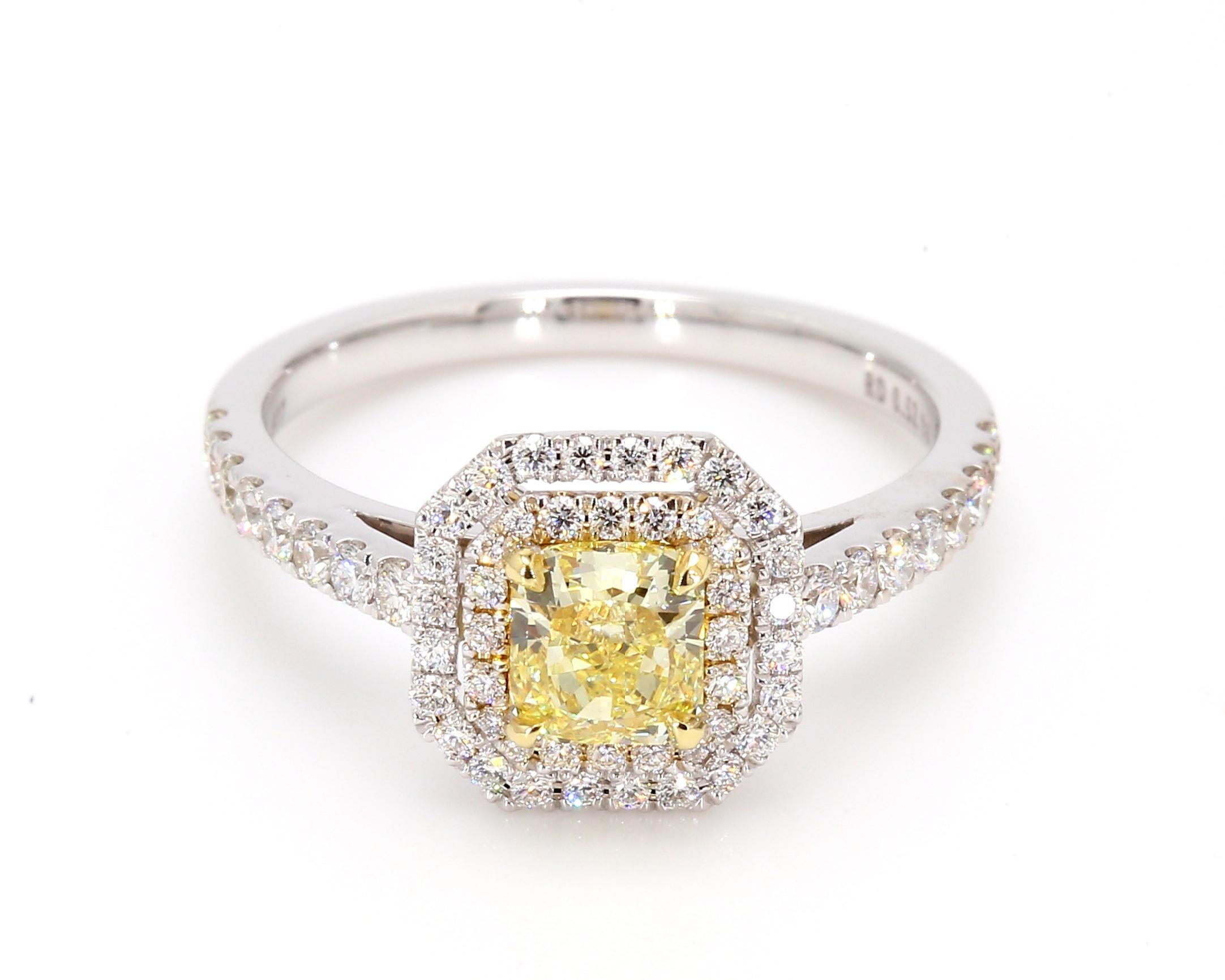 Stunning Double Halo Fancy Yellow Diamond Engagement Ring, featuring:
✧ 0.84 carat natural GIA certified Asscher cut fancy yellow VVS1 clarity, weighing 0.84 carat
✧ Approx. 3.8 grams of 18K White Gold
✧ Original GIA certificate included with your