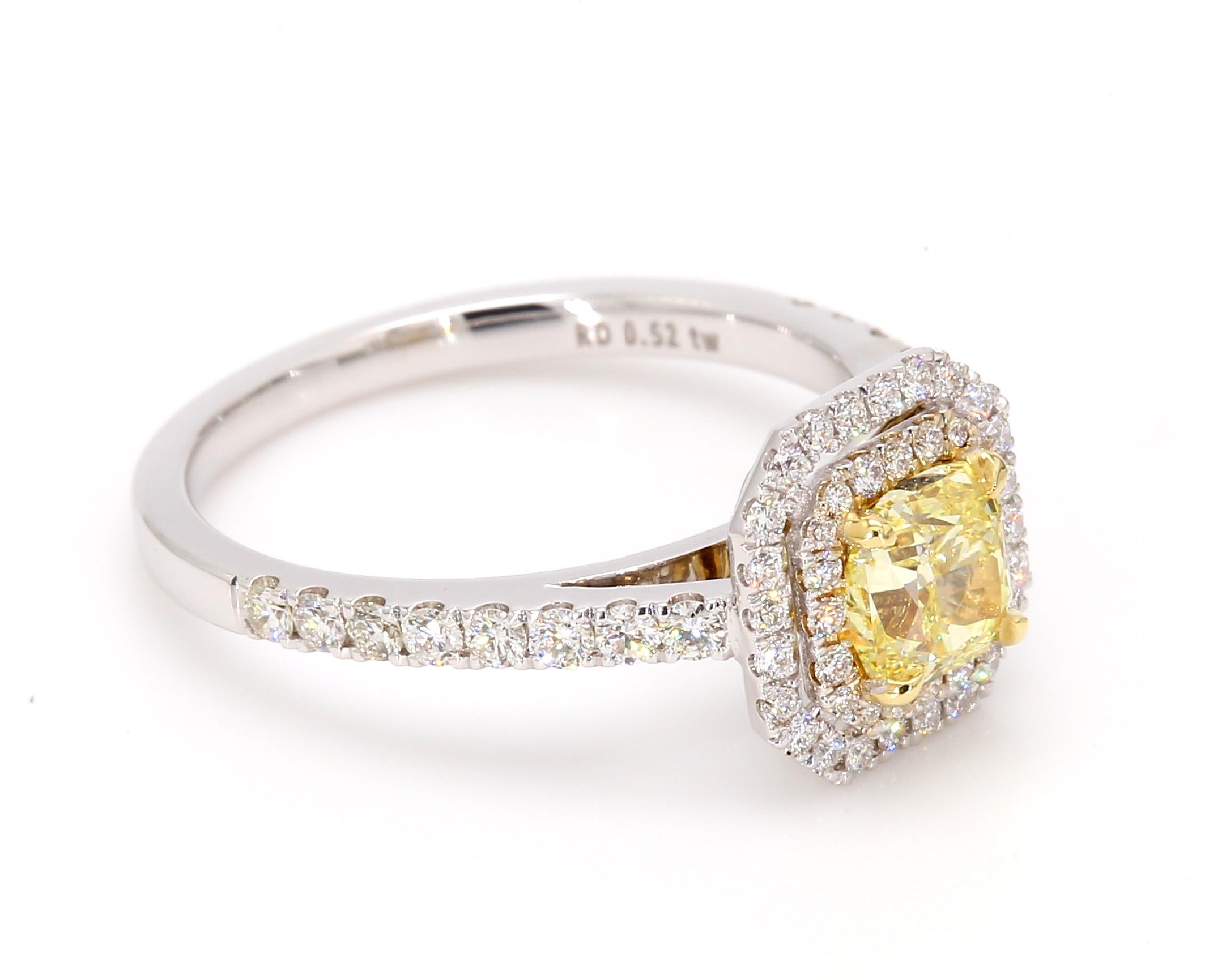 Contemporary Natural GIA certified Fancy Yellow Diamond Double Halo Engagement Ring