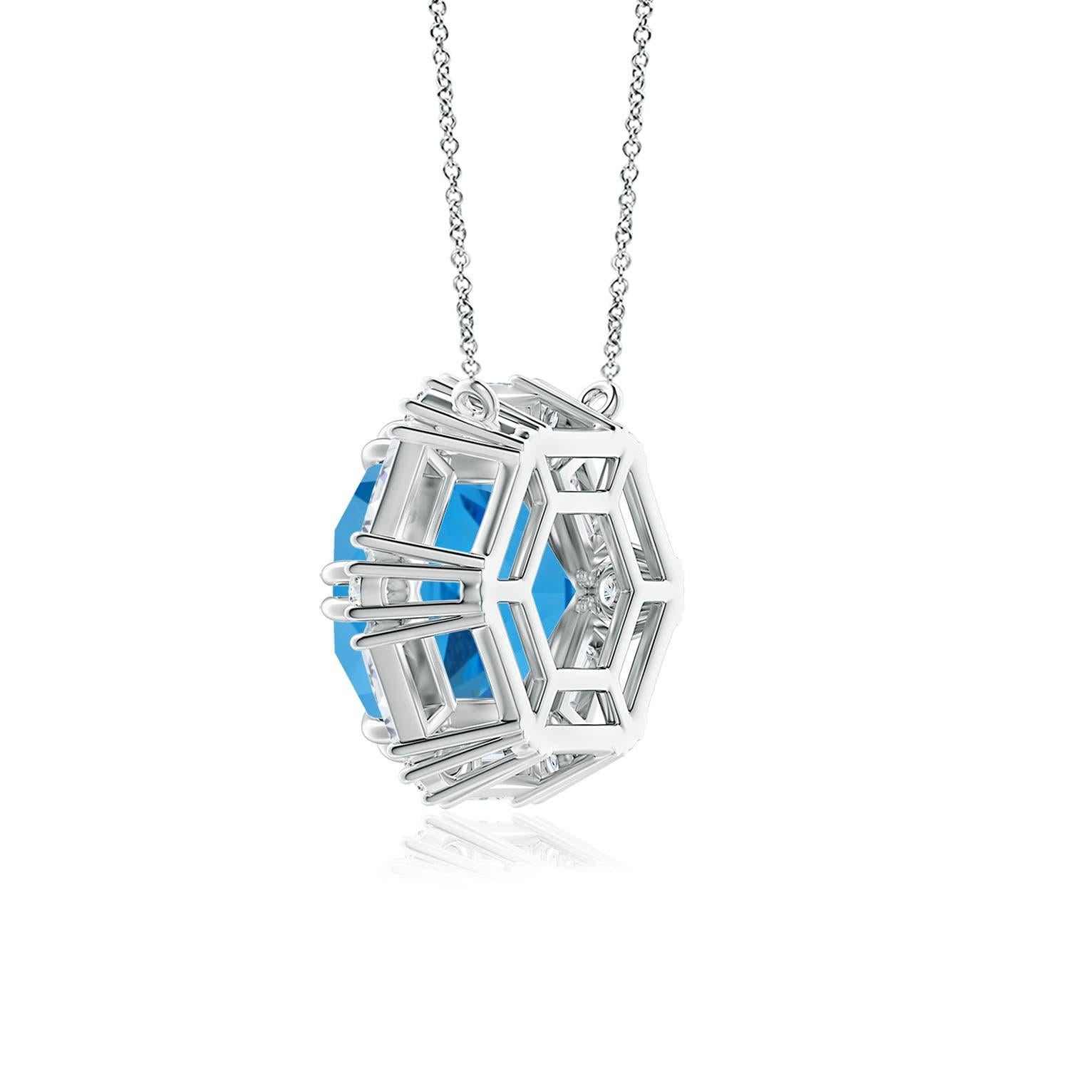 Modern Natural GIA Certified Hexagonal 17.5ct Swiss Blue Topaz Halo Pendant in Platinum
