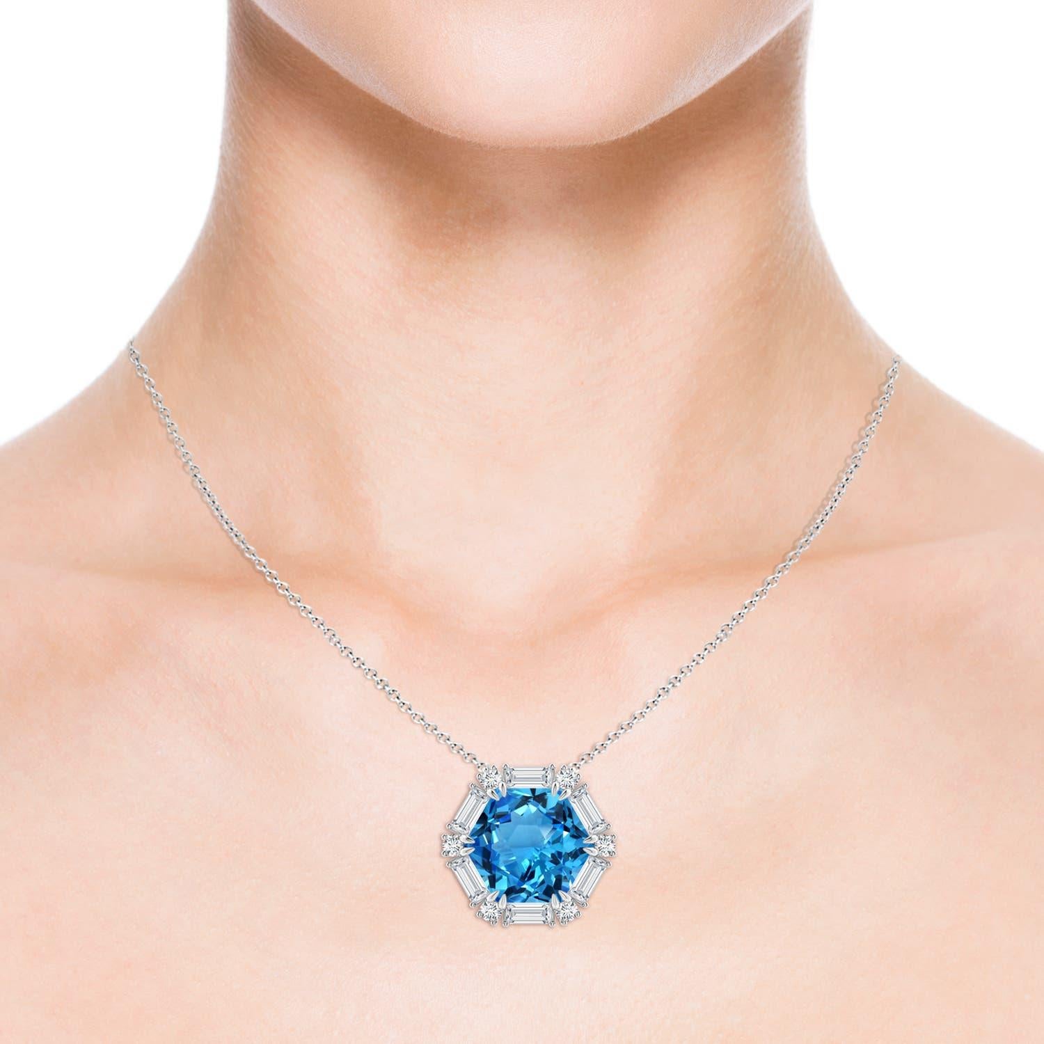 Natural GIA Certified Hexagonal 17.5ct Swiss Blue Topaz Halo Pendant in Platinum In New Condition In Los Angeles, CA