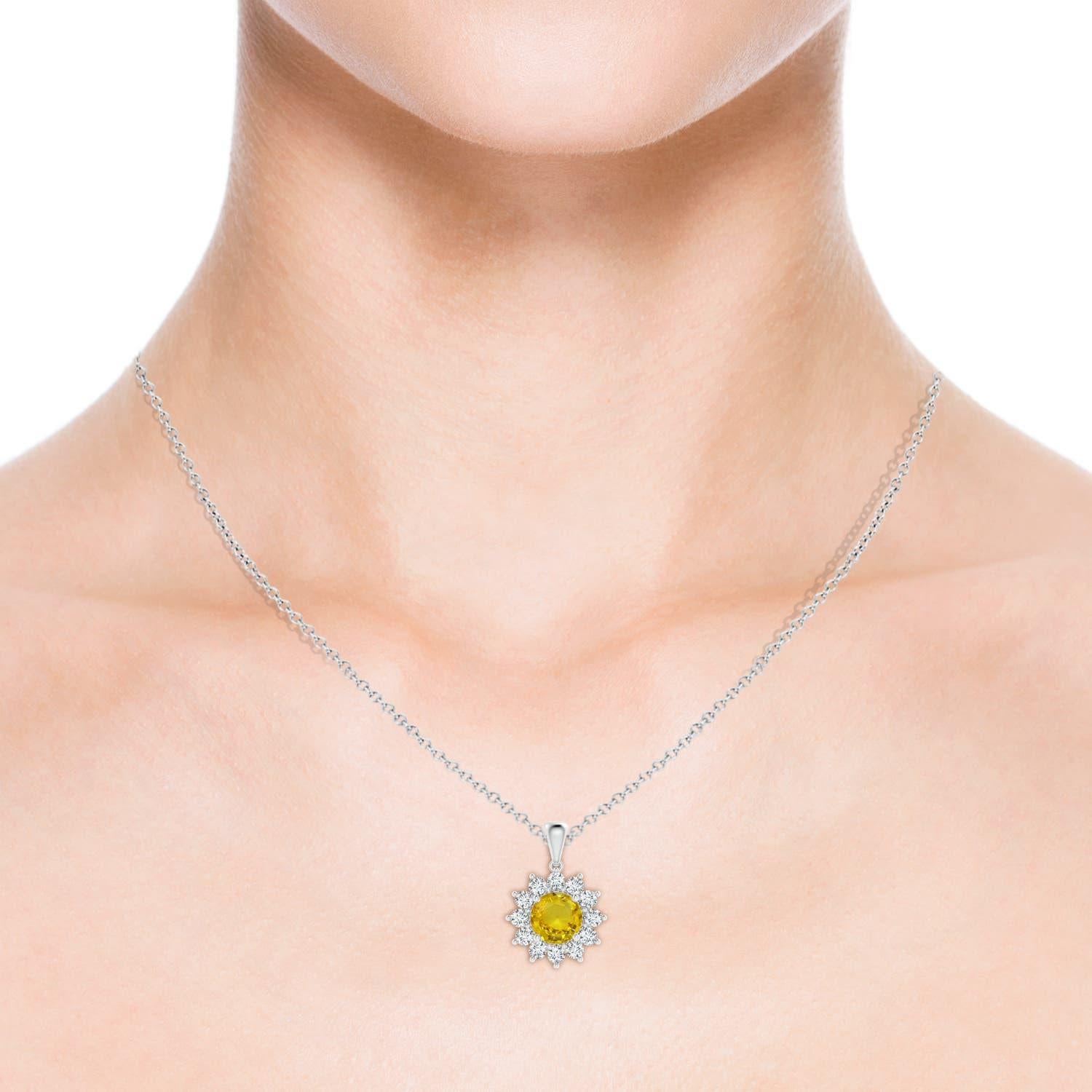 Modern Natural GIA Certified Round 2.1ct Yellow Sapphire Flower Pendant in Platinum