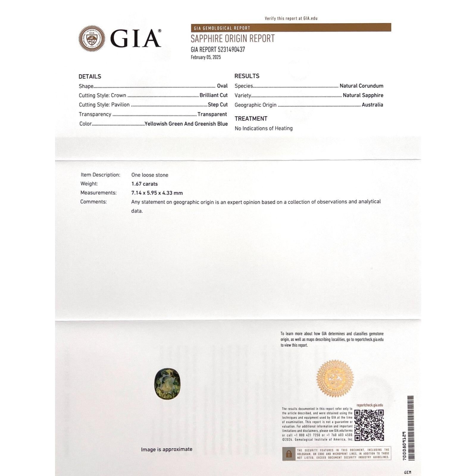 Nature Saphir Bleu Vert Jaune Certifié par le GIA 1.67ct Australian Oval Cut Gem

Unique GIA Certified Rare Untreated Yellowish Green - Greenish Blue Australian Sapphire Gemstone.
Saphir non chauffé de 1,67 carat d'une couleur unique.
Entièrement