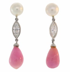 Natural GIA Conch and White Pearl Earrings Platinum Diamond