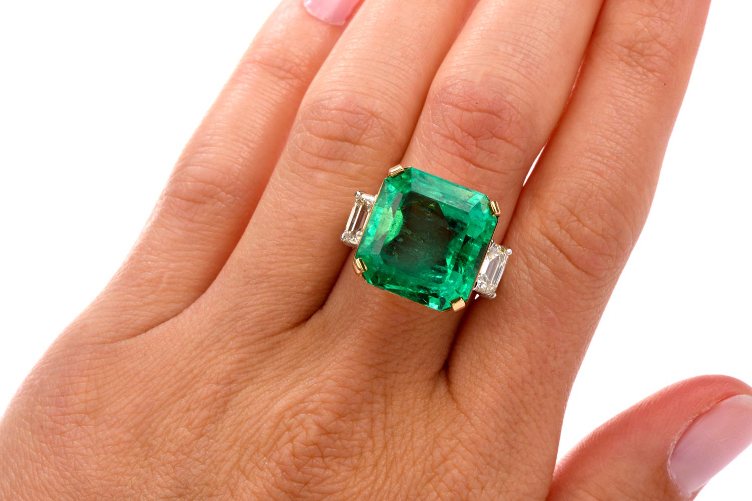 This stately Emerald and Diamond Cocktail Engagement ring was inspired in 

a traditional 3 stone design and crafted in Platum and 18K yellow gold.

Prominent in the center is an Octagonal Shpaed Natural GIA certified Emerald

measuring appx. 16.42