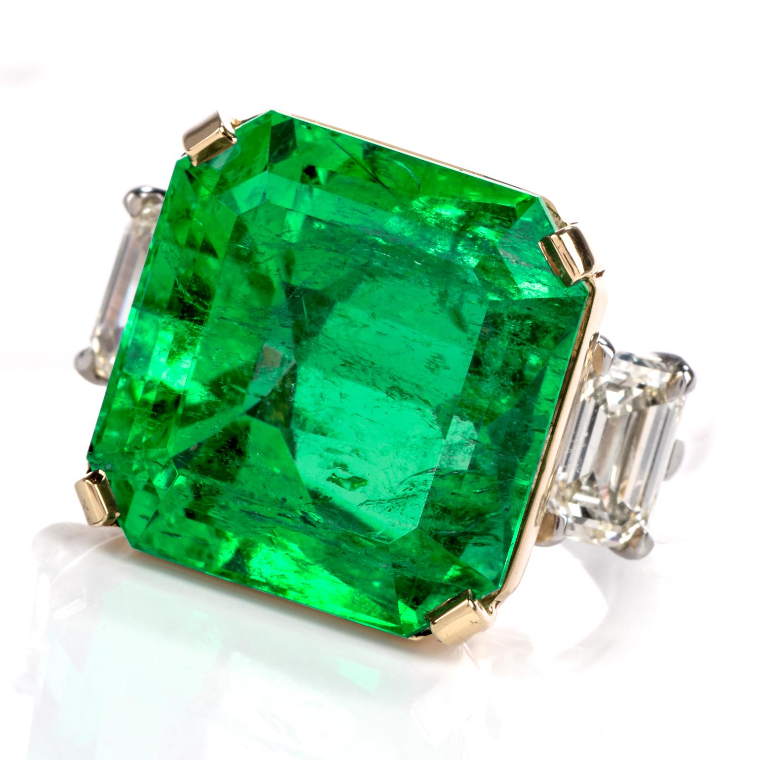 Emerald Cut Natural GIA Emerald 3-Stone Platinum 18 Karat Engagement Cocktail Ring