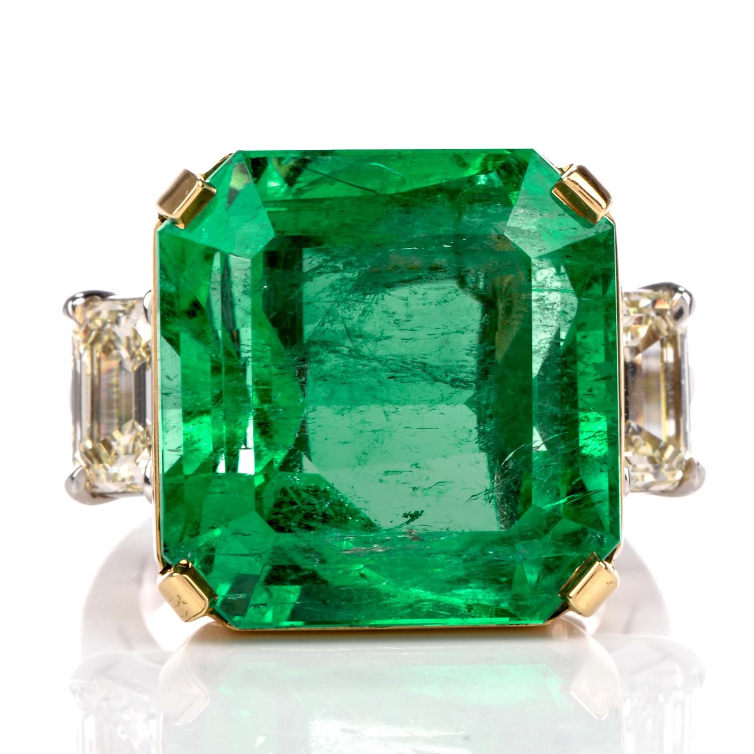 Women's Natural GIA Emerald 3-Stone Platinum 18 Karat Engagement Cocktail Ring