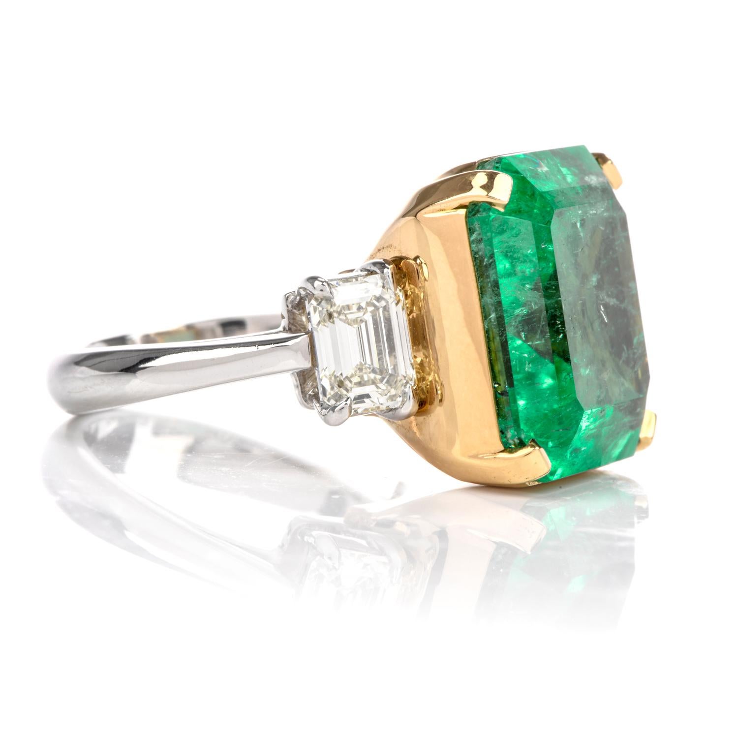 Natural GIA Emerald 3-Stone Platinum 18 Karat Engagement Cocktail Ring 1