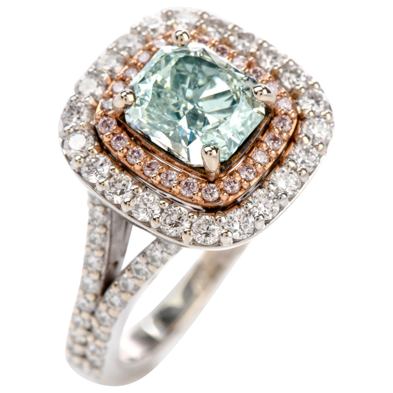 Natural GIA Fancy Green Diamond 18 Karat Halo Engagement Ring