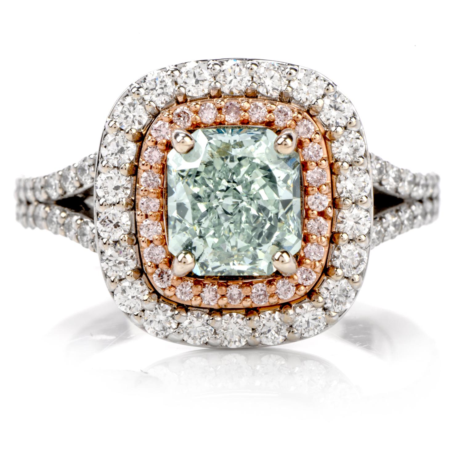 Dare to be different with this Rare Green Diamond Engagement ring.

Crafted in 18K white gold, this ring showcases a 1.67 carat Natural Fancy 

Green Cushion shaped DImaond measuring appx. 7.21 x 6.54 x 4.07mm and SI1 clarity.

24 natural round pink