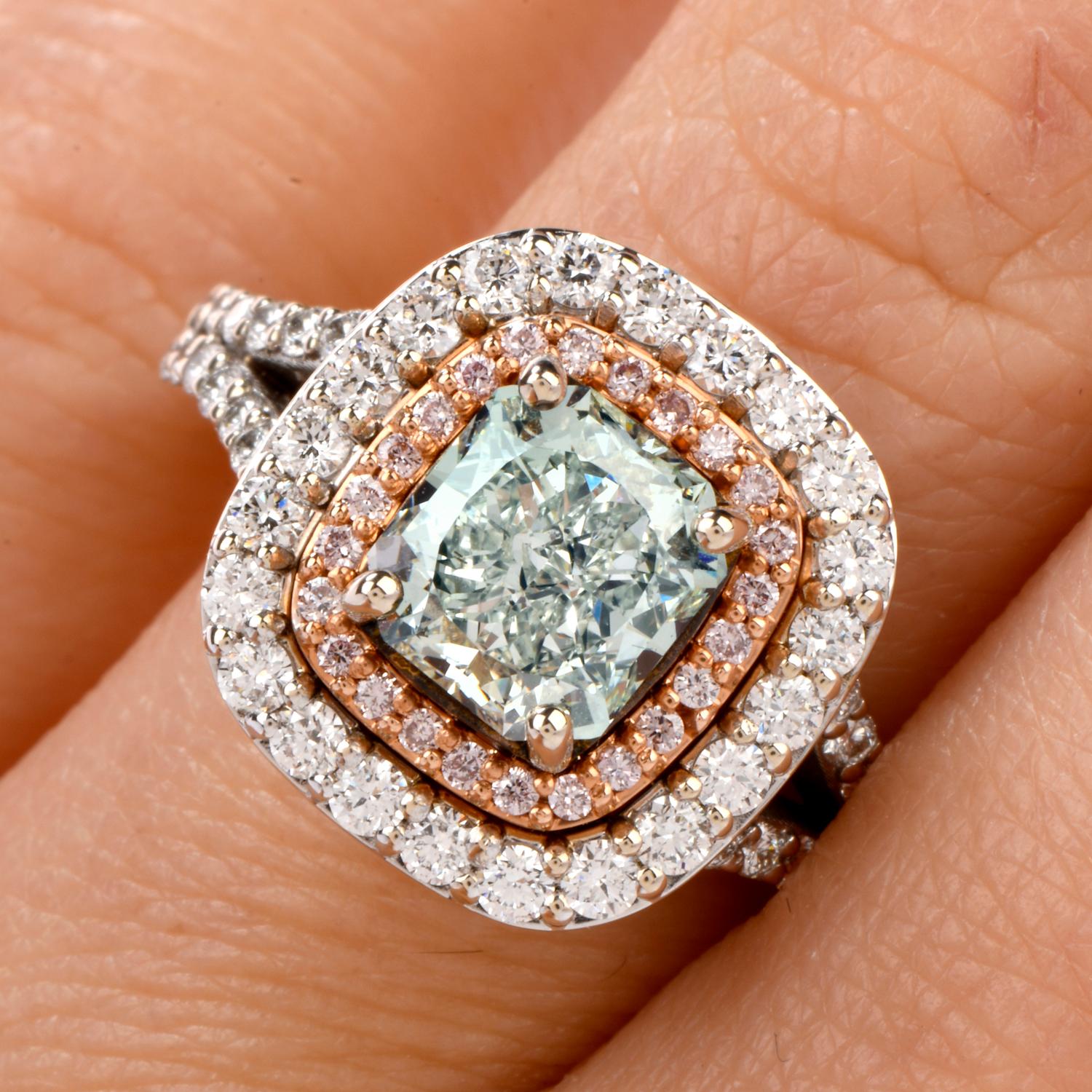 Modern Natural GIA Fancy Green Diamond 18 Karat Halo Engagement Ring