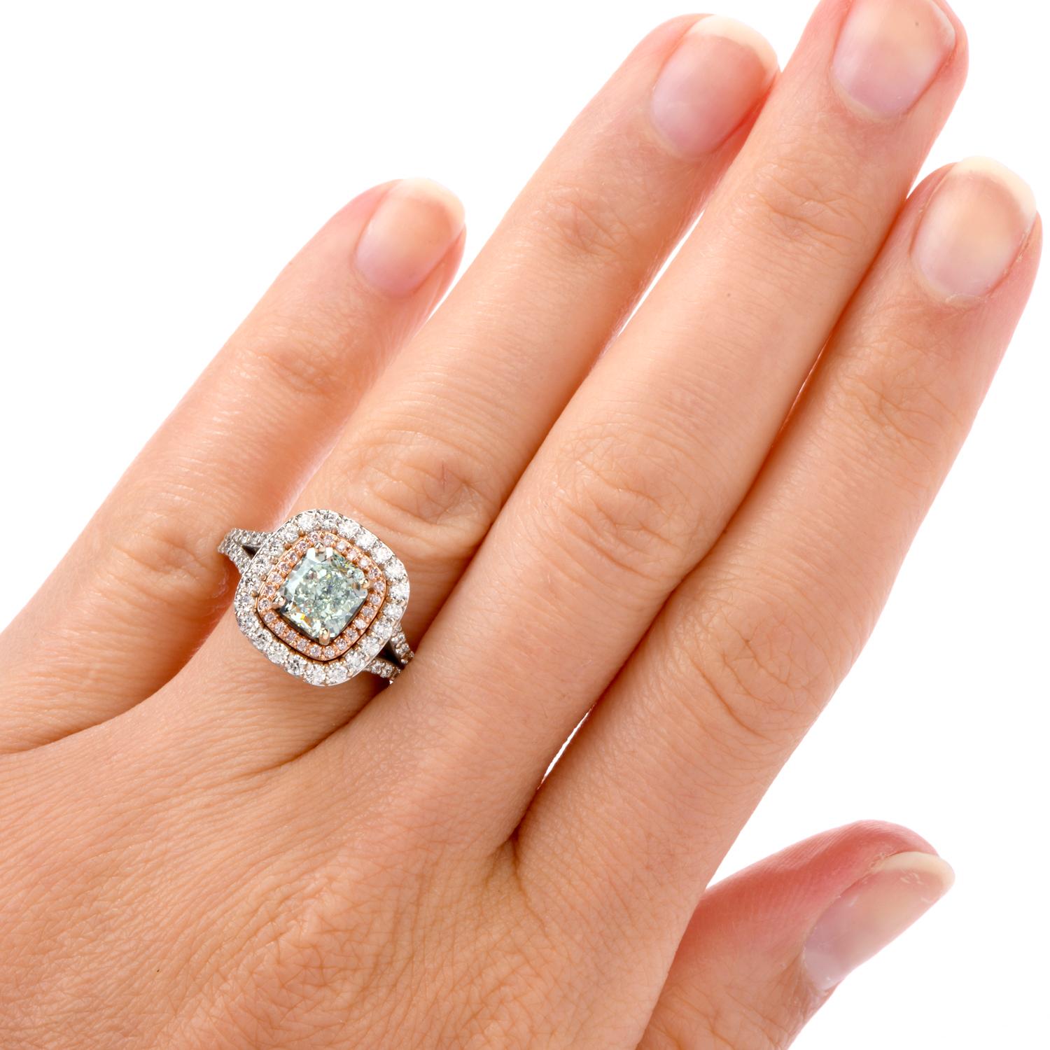 Cushion Cut Natural GIA Fancy Green Diamond 18 Karat Halo Engagement Ring