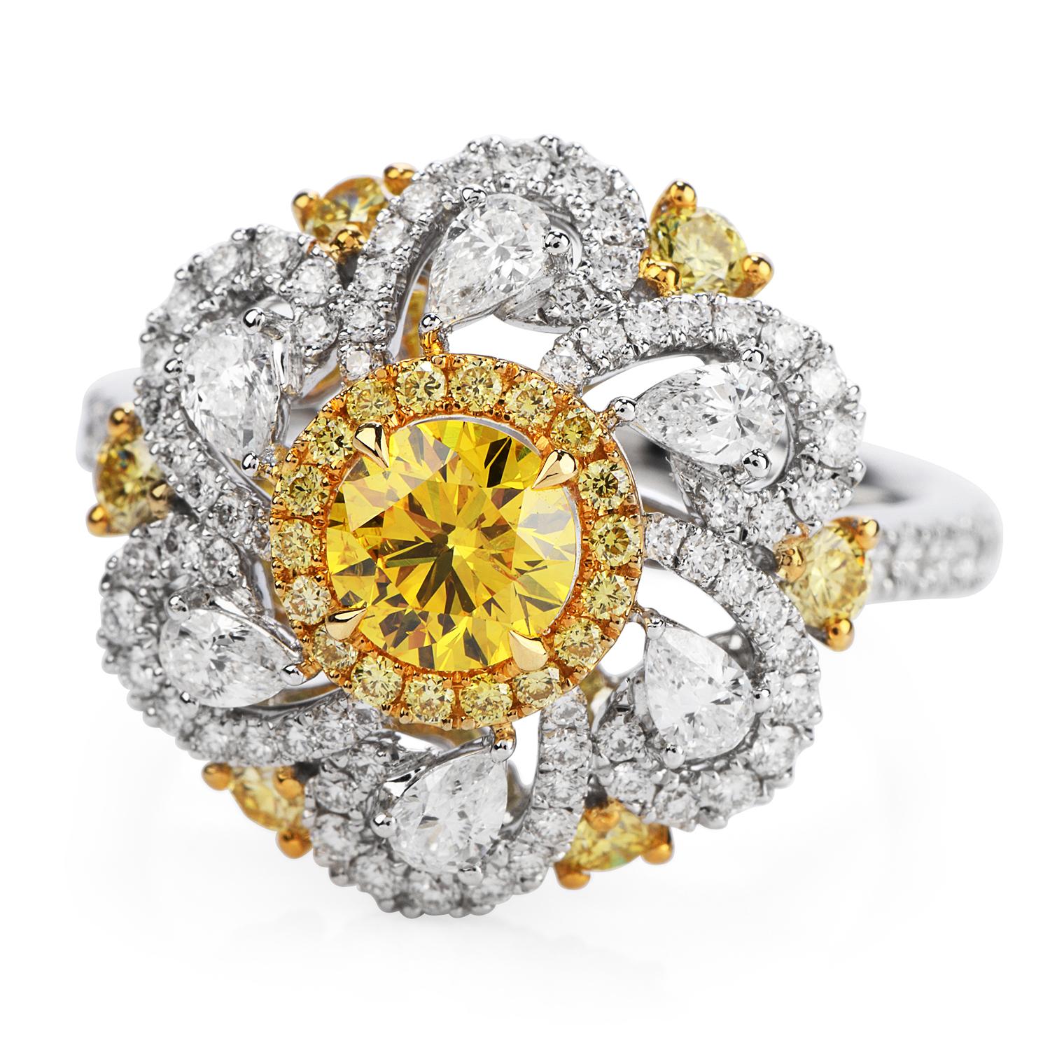 Modern Natural GIA Fancy Vivid Yellow Diamond 18k Gold Flower Cocktail Ring