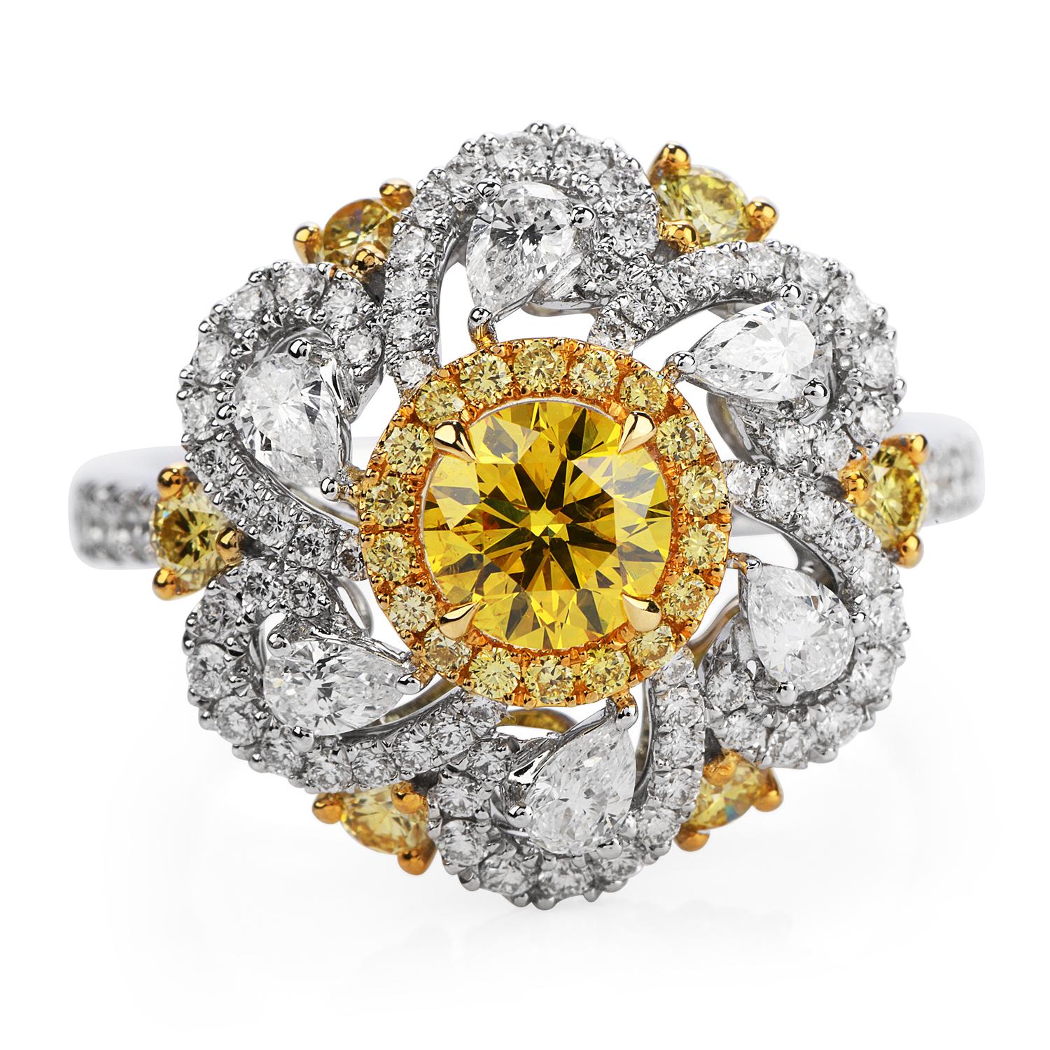 Round Cut Natural GIA Fancy Vivid Yellow Diamond 18k Gold Flower Cocktail Ring