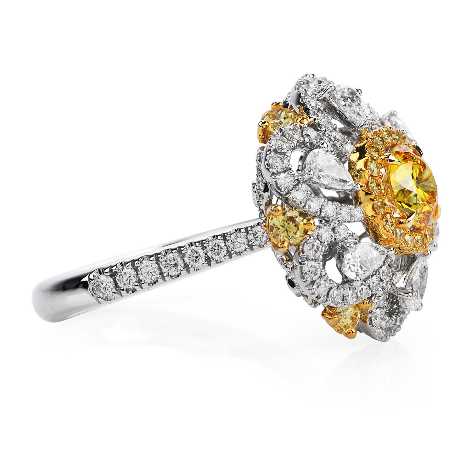 Natural GIA Fancy Vivid Yellow Diamond 18k Gold Flower Cocktail Ring In Excellent Condition In Miami, FL