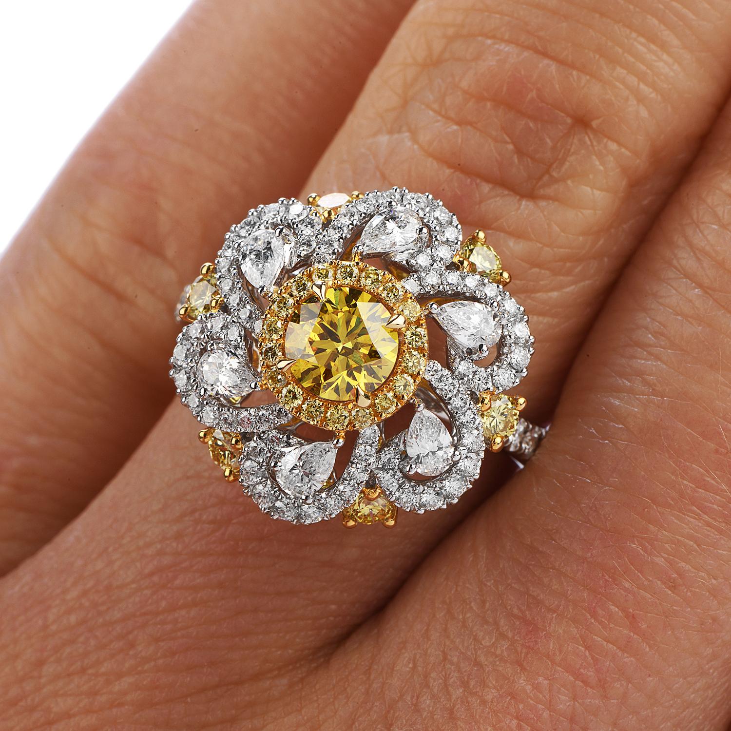 Women's or Men's Natural GIA Fancy Vivid Yellow Diamond 18k Gold Flower Cocktail Ring