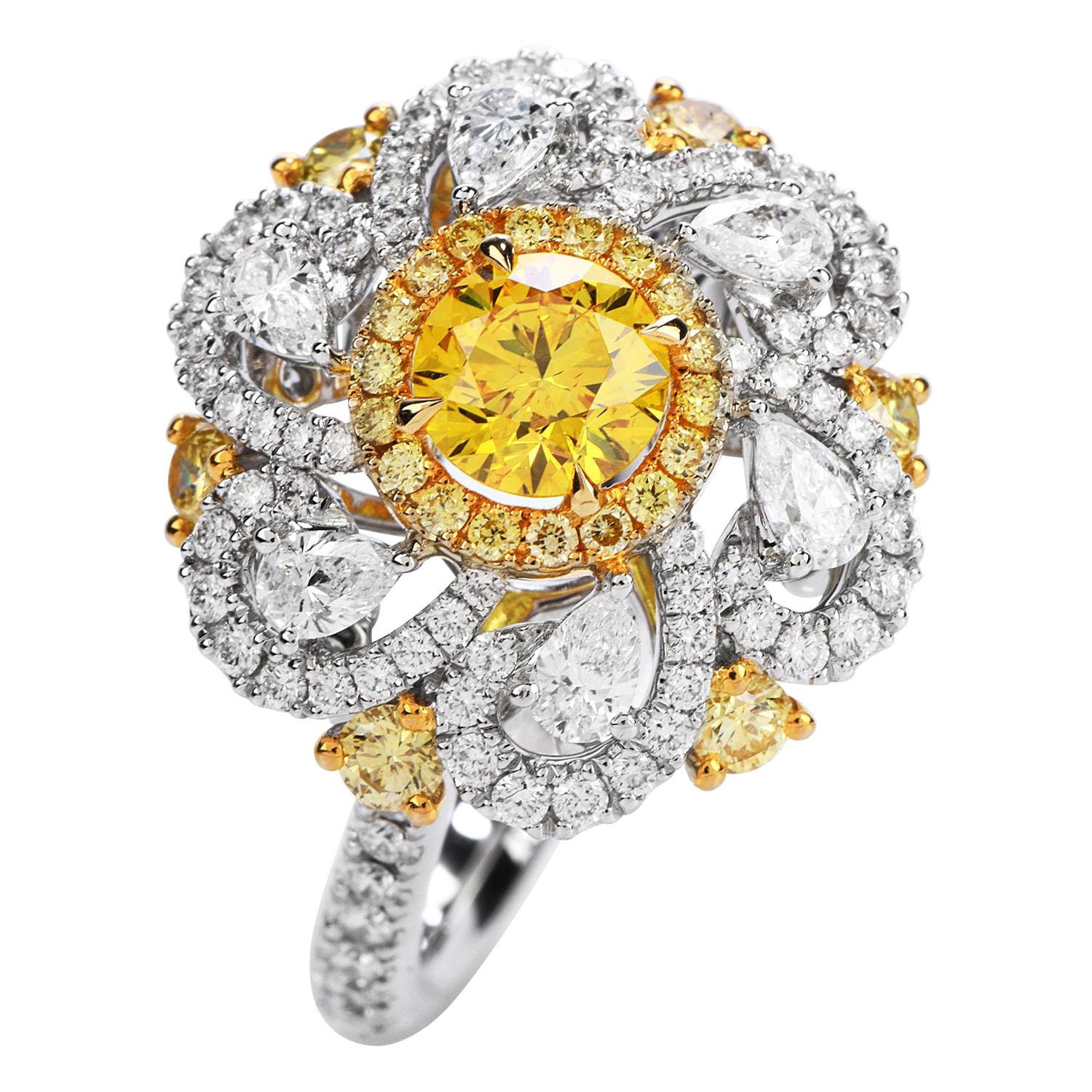 Natural GIA Fancy Vivid Yellow Diamond 18k Gold Flower Cocktail Ring