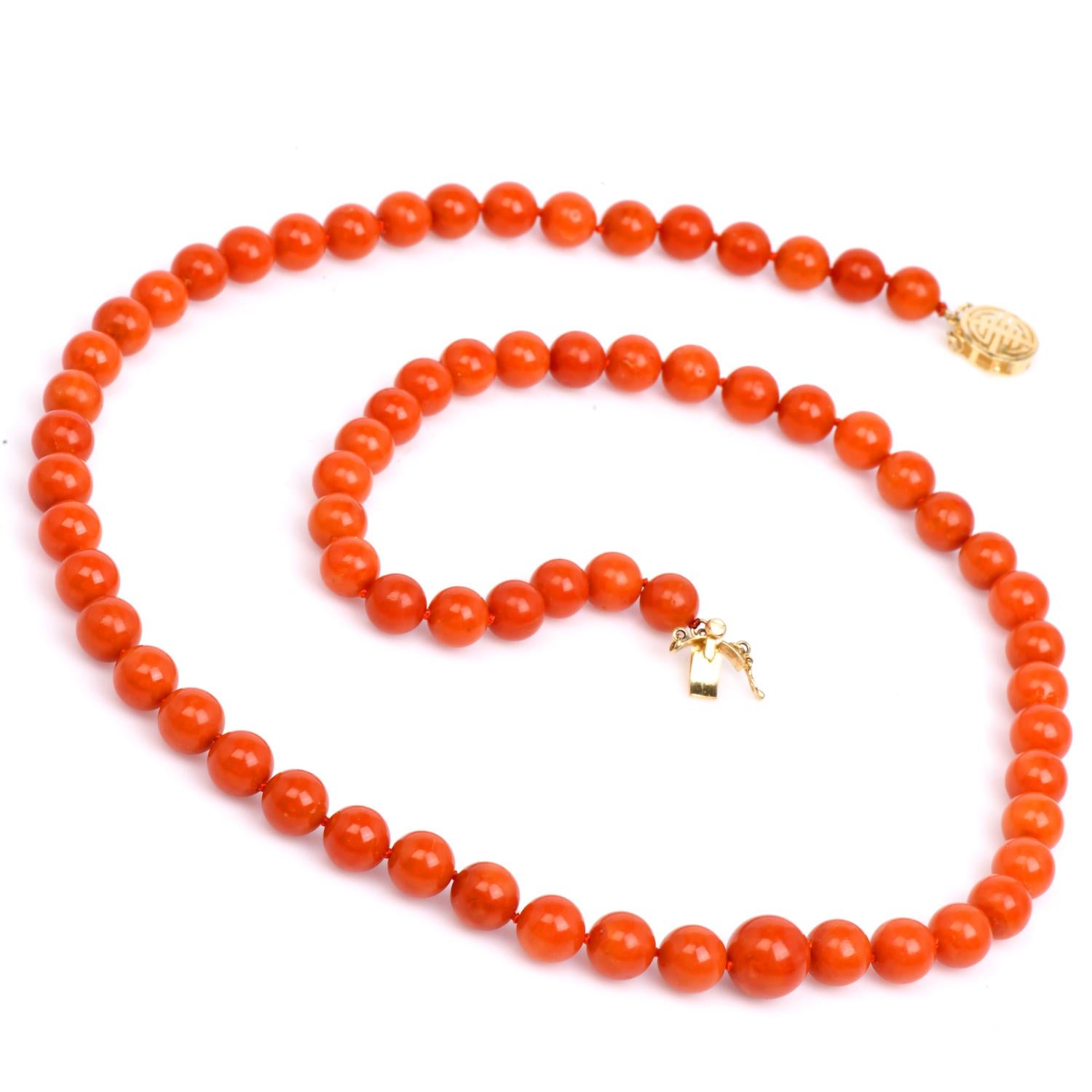 Natürliche GIA Rote Koralle Perlen 19 Zollstrang Gold Halskette (Retro) im Angebot