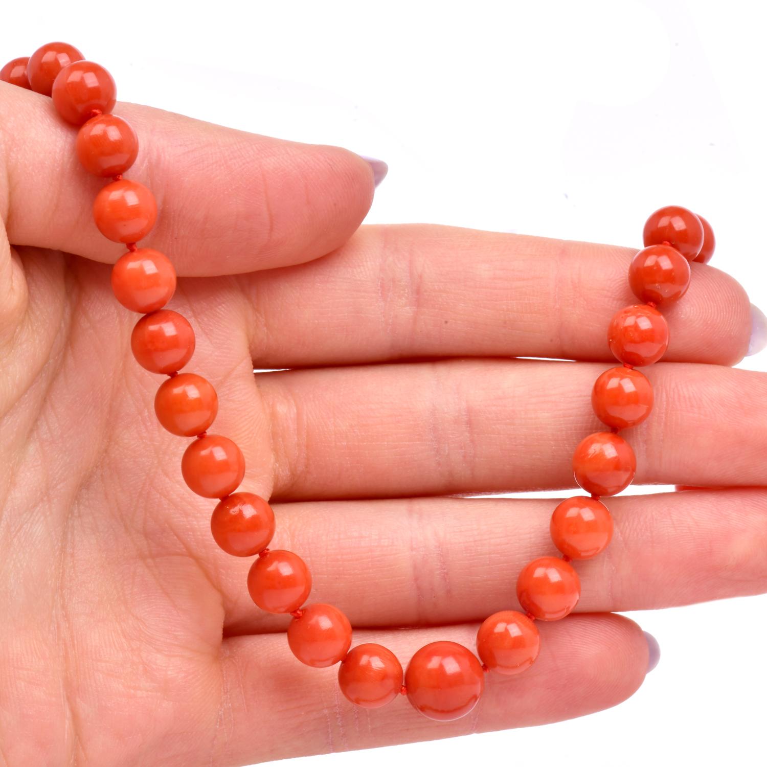 Retro Natural GIA Red Coral Bead 19 Inch Strand Gold Necklace For Sale