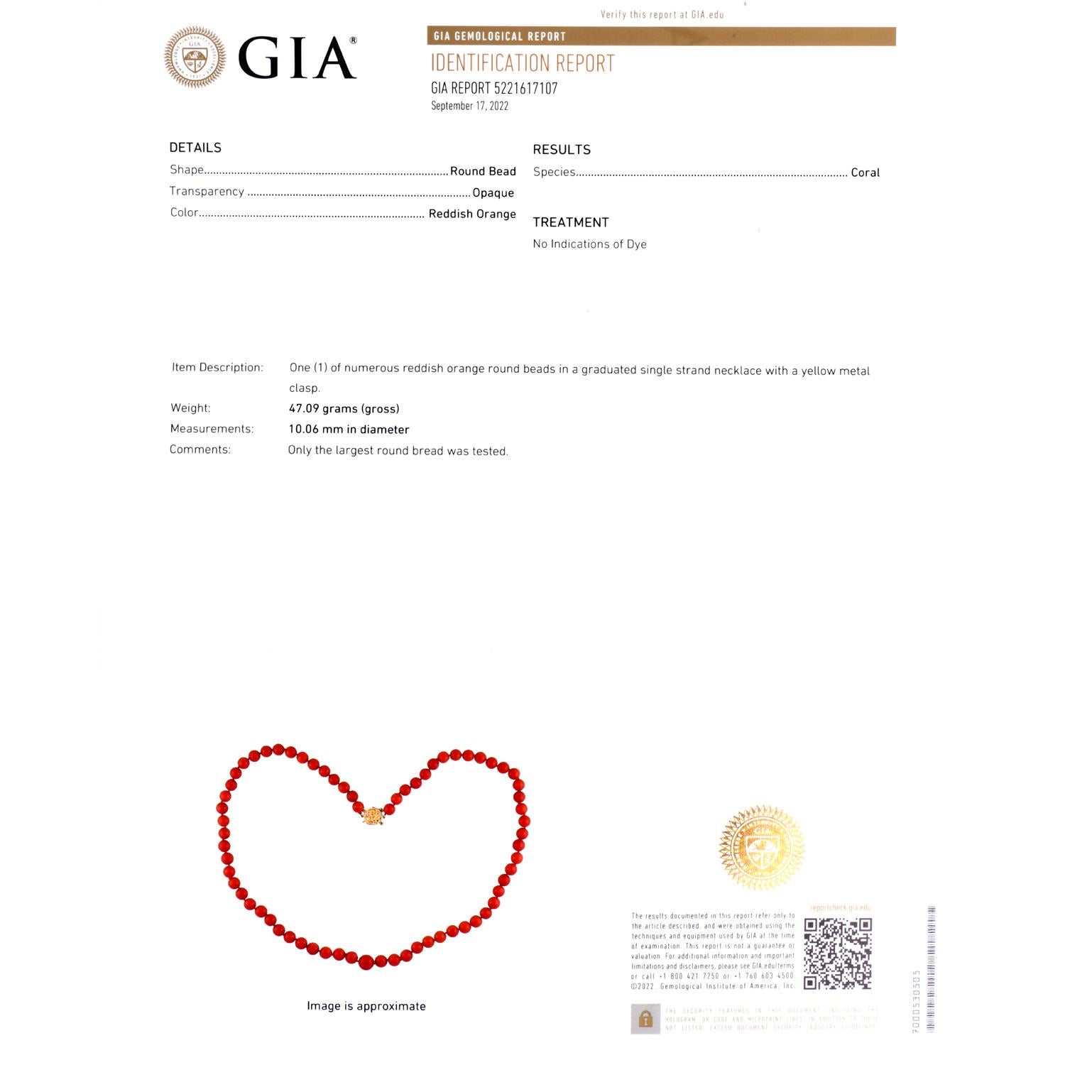 Natürliche GIA Rote Koralle Perlen 19 Zollstrang Gold Halskette im Angebot 1
