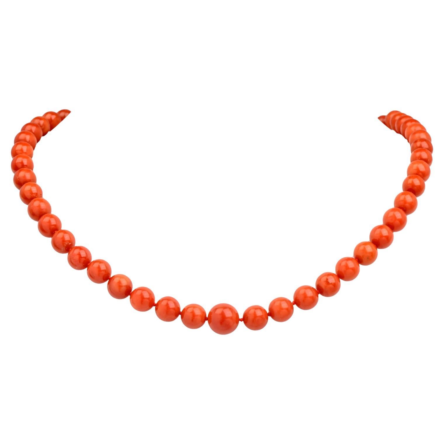Natural GIA Red Coral Bead 19 Inch Strand Gold Necklace For Sale