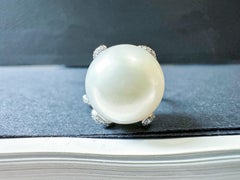 Natural Giant South Sea Pearl Ring with Diamond in 18K White Gold