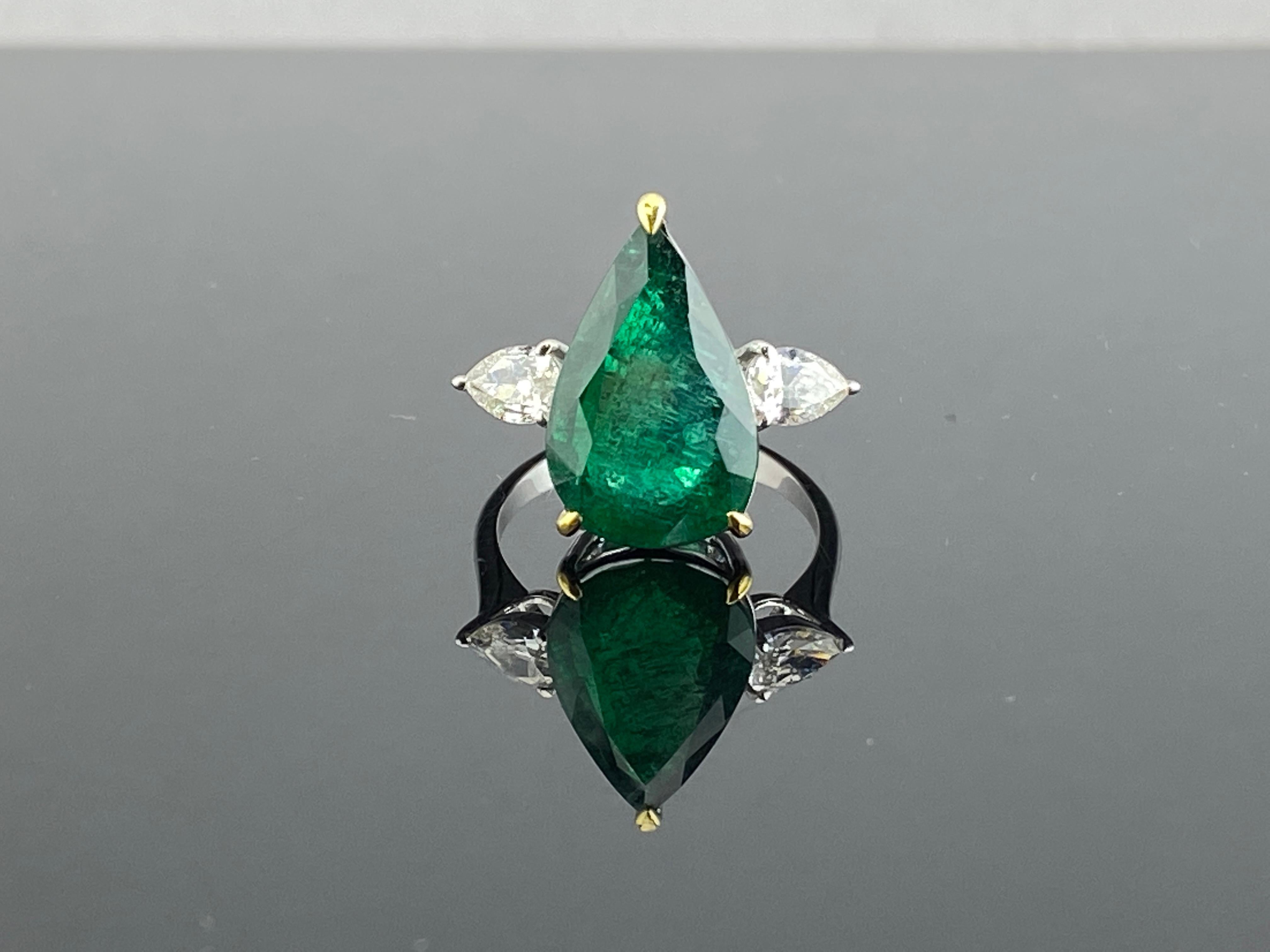 Pear Cut Certified 5.7 Carat Pear Emerald Diamond Three Stone Engagement Ring For Sale