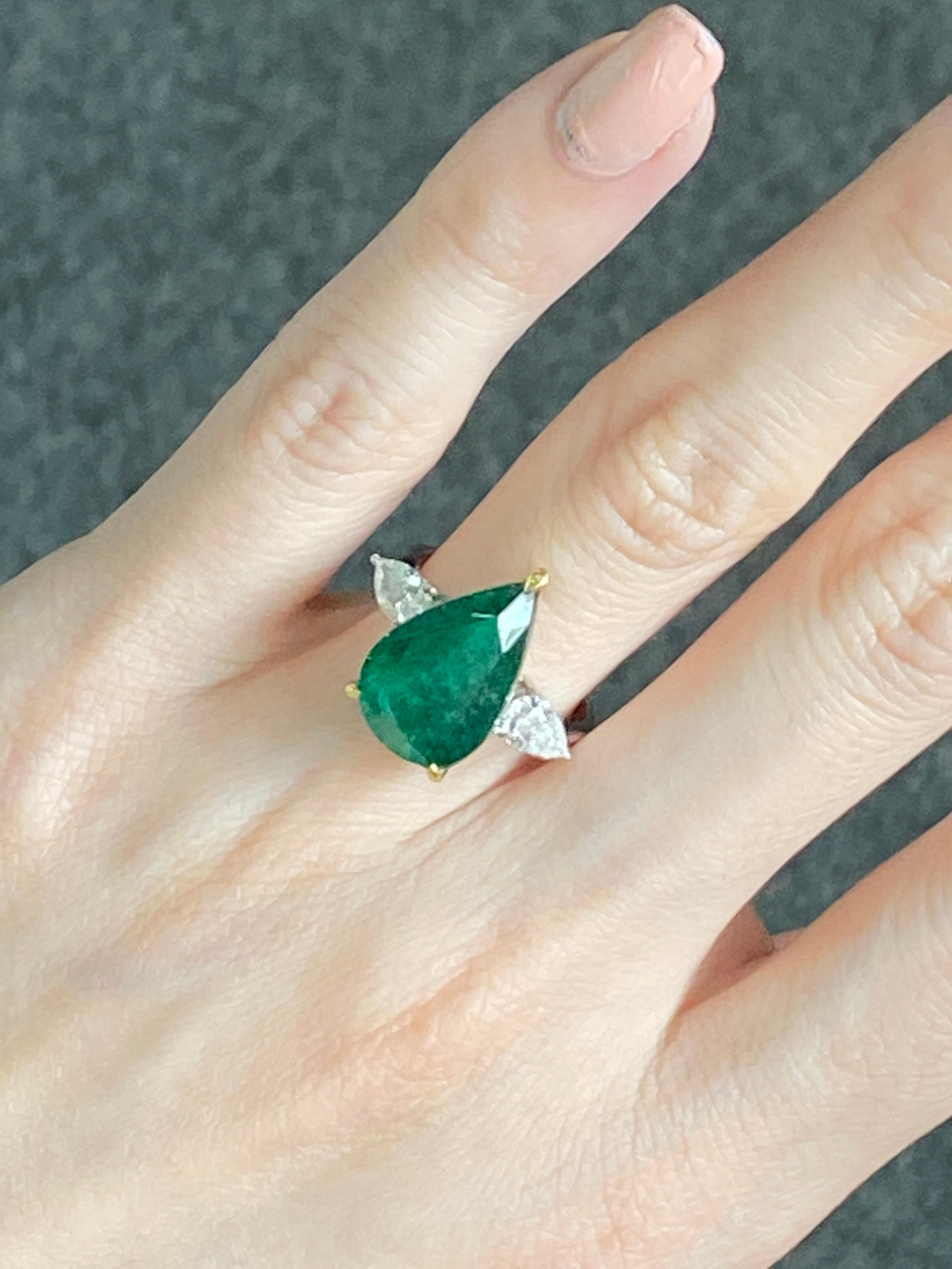 Certified 5.7 Carat Pear Emerald Diamond Three Stone Engagement Ring For Sale 3