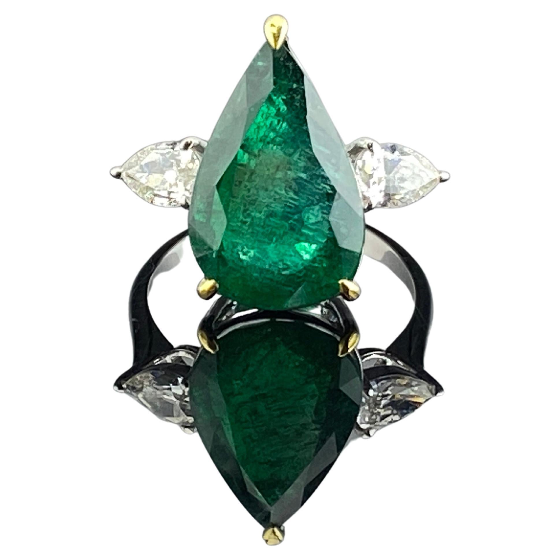 Certified 5.7 Carat Pear Emerald Diamond Three Stone Engagement Ring