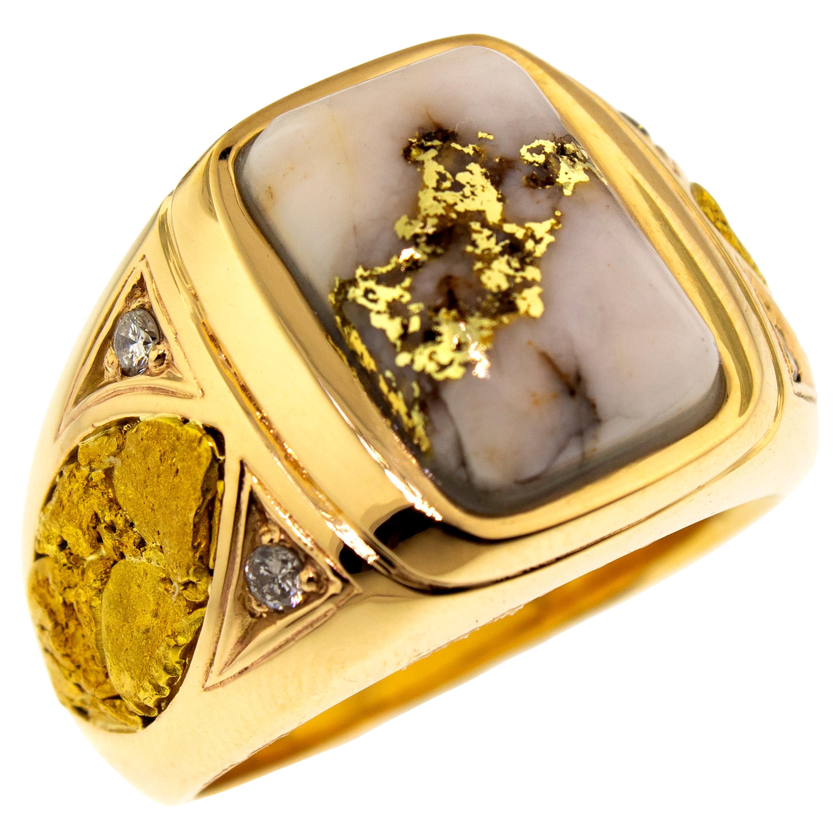 For Sale:  Natural Gold in Quartz and Gold Nugget 14 Karat Gold Custom Men’s Ring