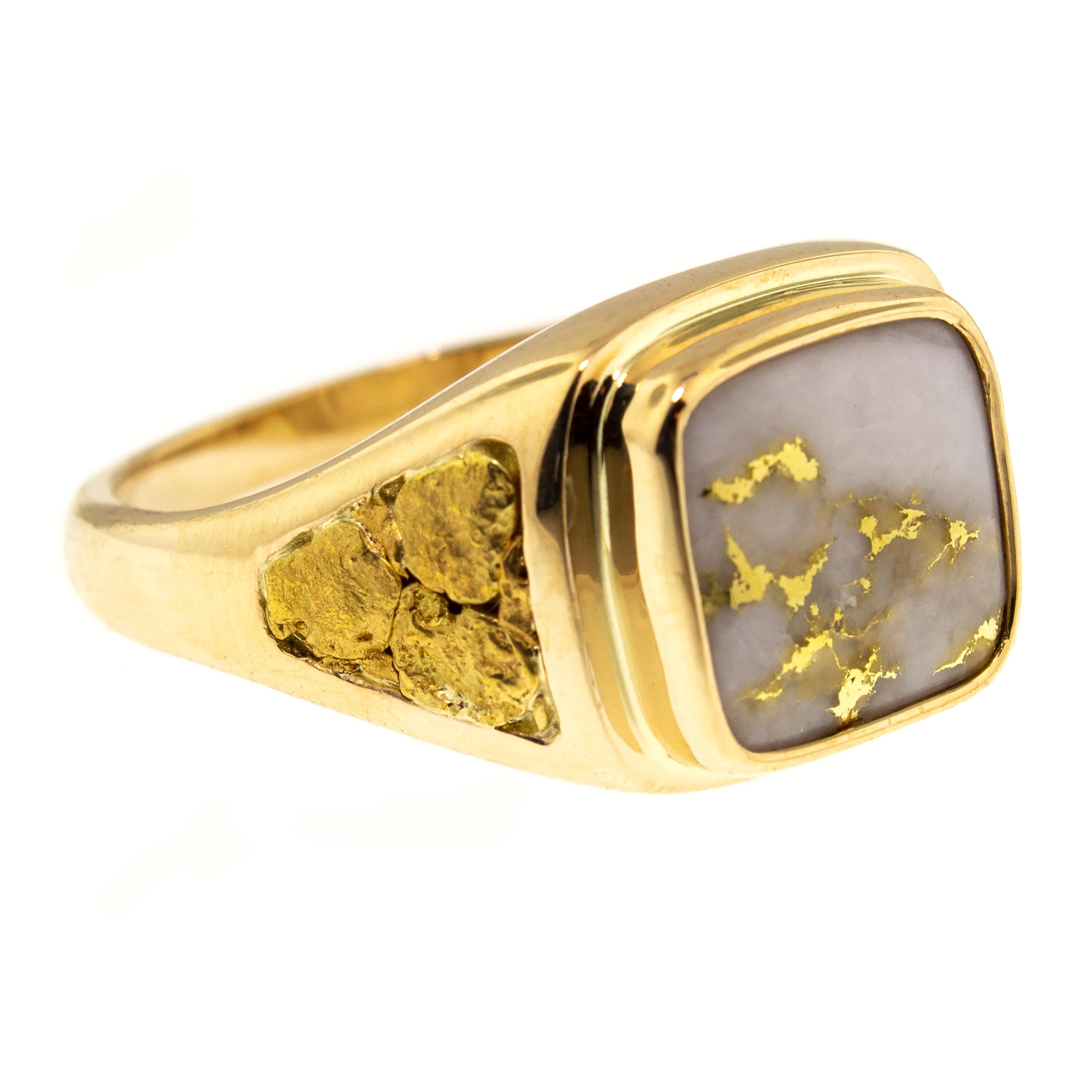 This natural gold bearing quartz and gold nugget men's ring makes a gorgeous statement in an elegant and masculine manner. The classic shape and styling are a perfect frame for the natural material choices, and the color of the two types of natural