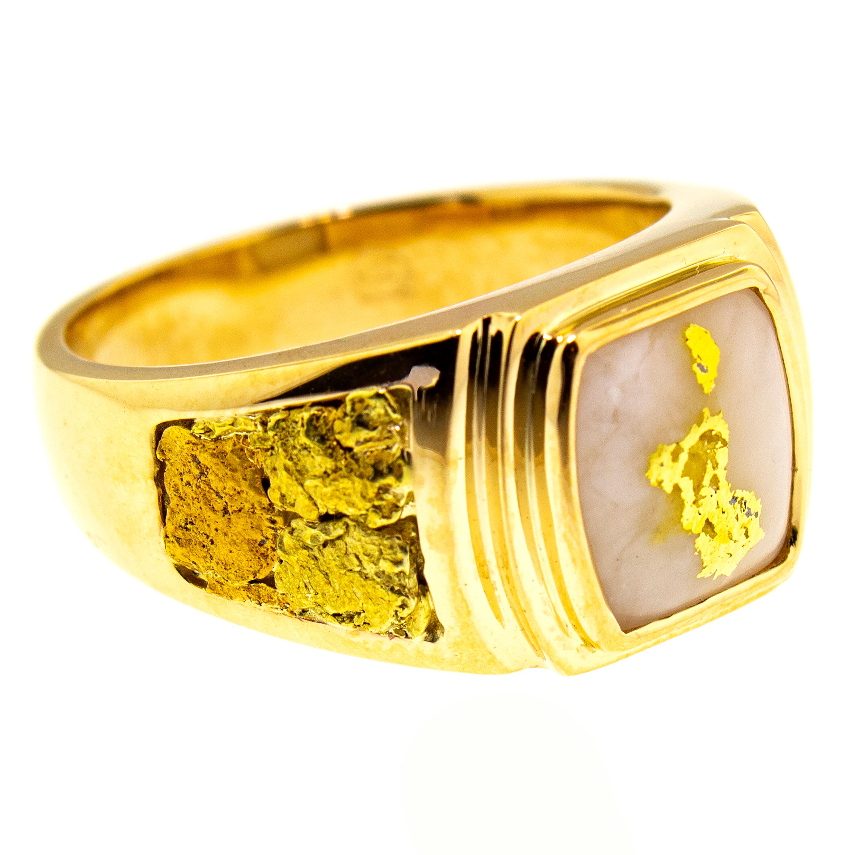 Exquisitely rare natural gold bearing quartz and gold nuggets are the focal points of this elegant and unique men's ring. The classic shape and styling are a perfect frame for the natural material choices, and the vivid color of the two types of