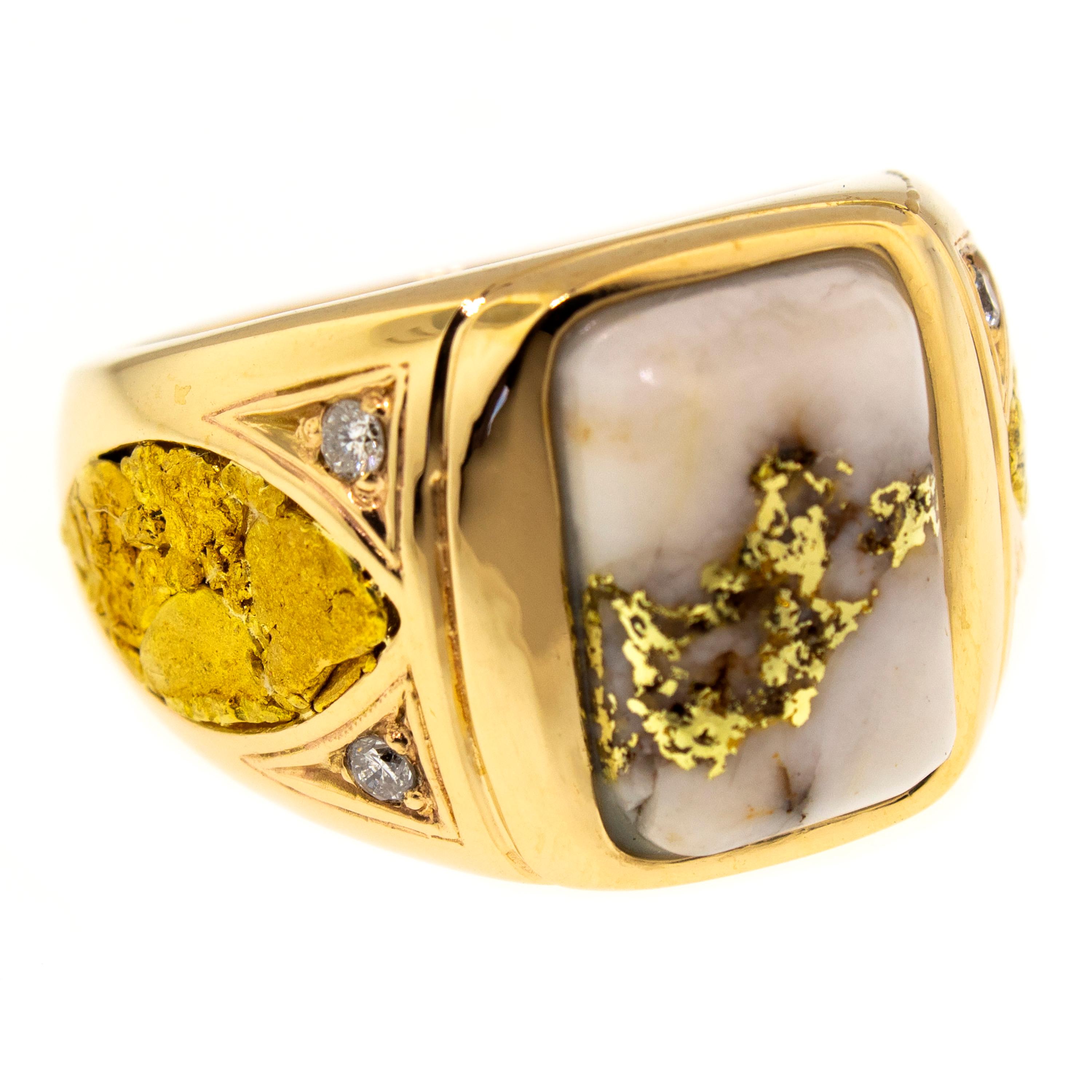 Rare and beautiful natural gold bearing quartz and gold nuggets are featured elegantly in this unique men's ring. The classic shape and styling are a perfect frame for the natural material choices, and the vivid color of the two types of natural raw