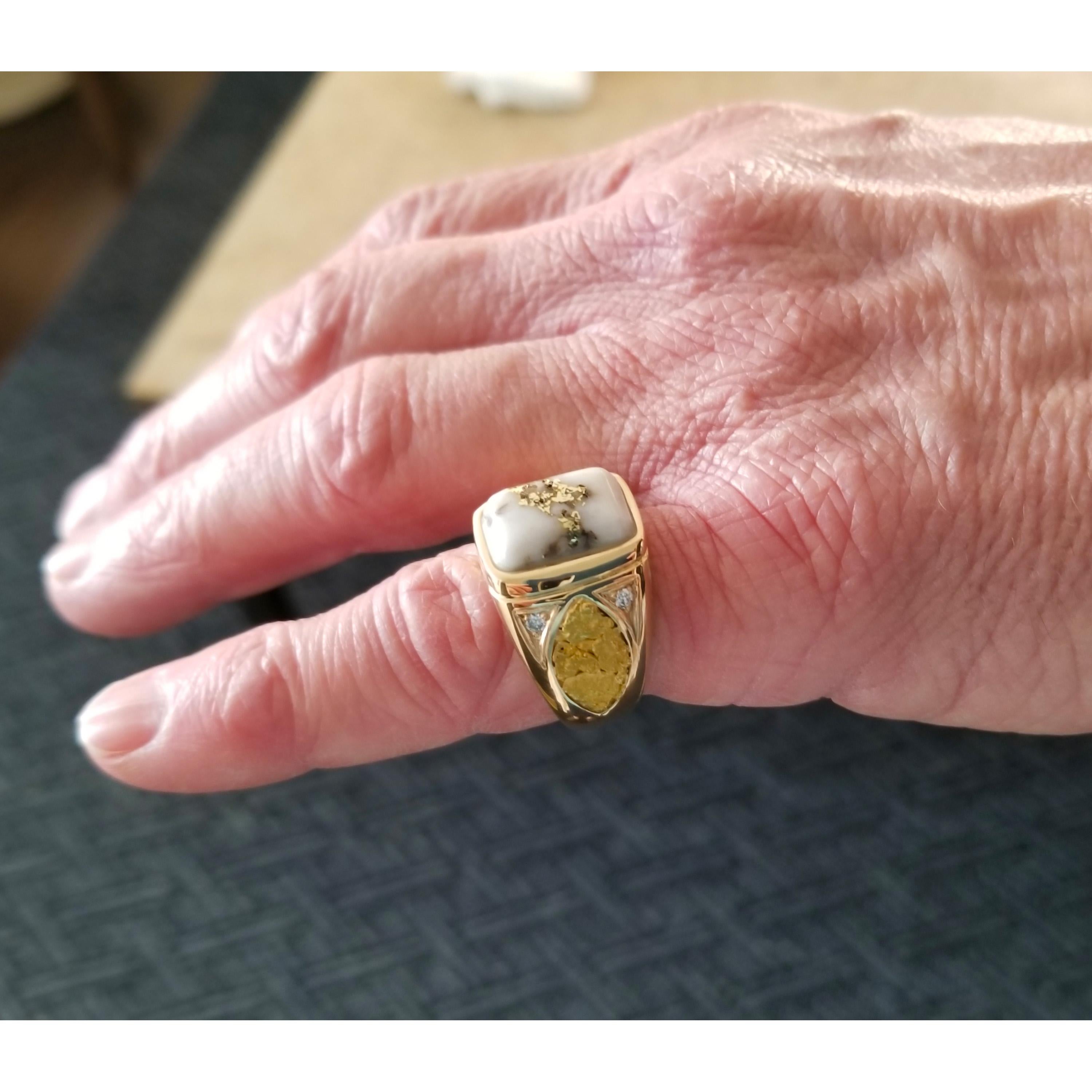 Cabochon Natural Gold Bearing Quartz and Gold Nugget 14 Karat Gold Men’s Ring