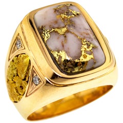 Natürlicher goldhaltiger Quarz und Goldnugget 14 Karat Gold Herrenring