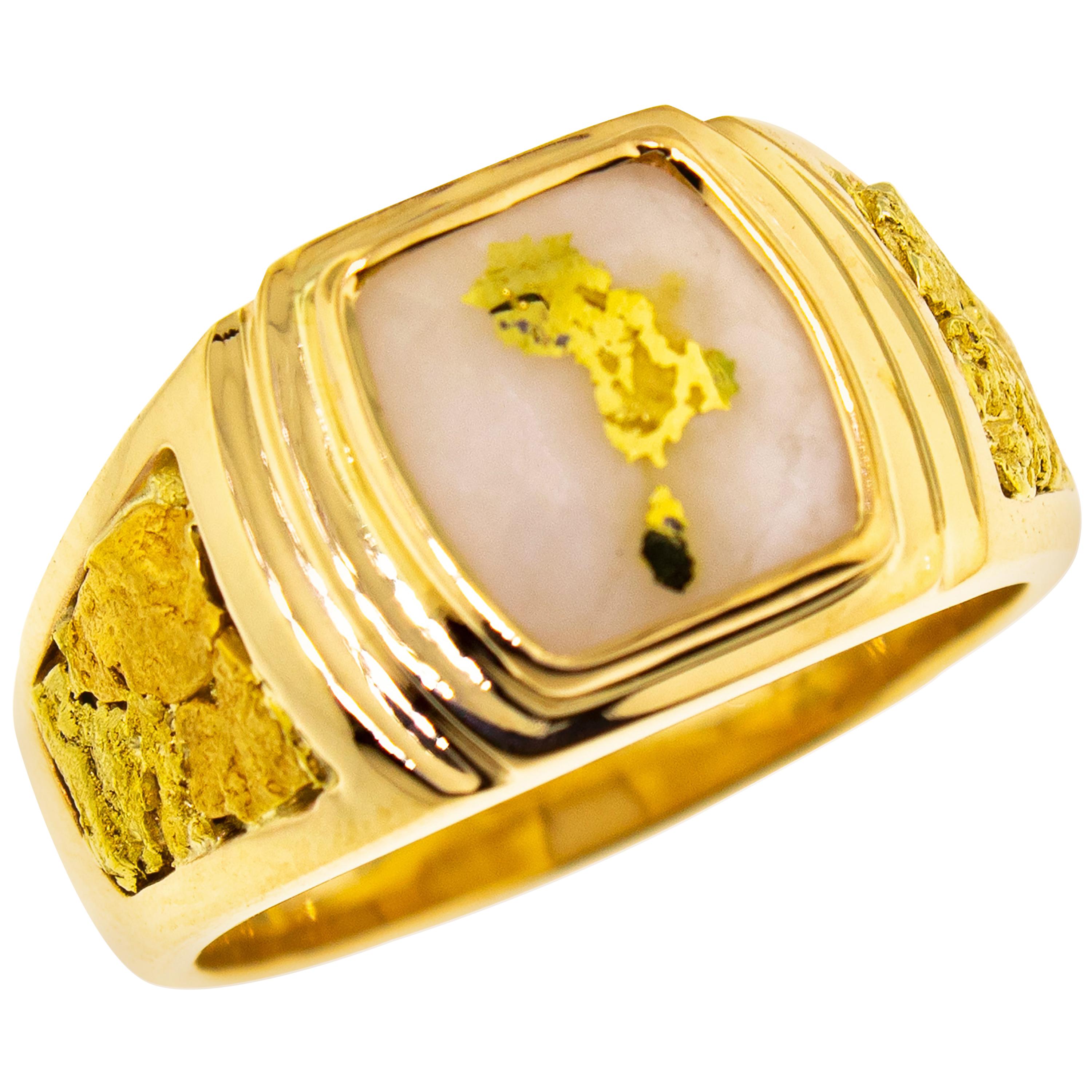 Natural Gold Bearing Quartz and Gold Nugget 14 Karat Gold Men's Ring at  1stDibs | 14 karat gold ring price, natural gold nugget ring