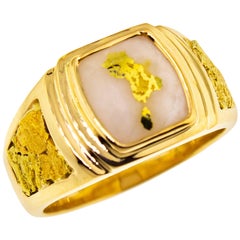 Natural Gold Bearing Quartz and Gold Nugget 14 Karat Gold Men’s Ring