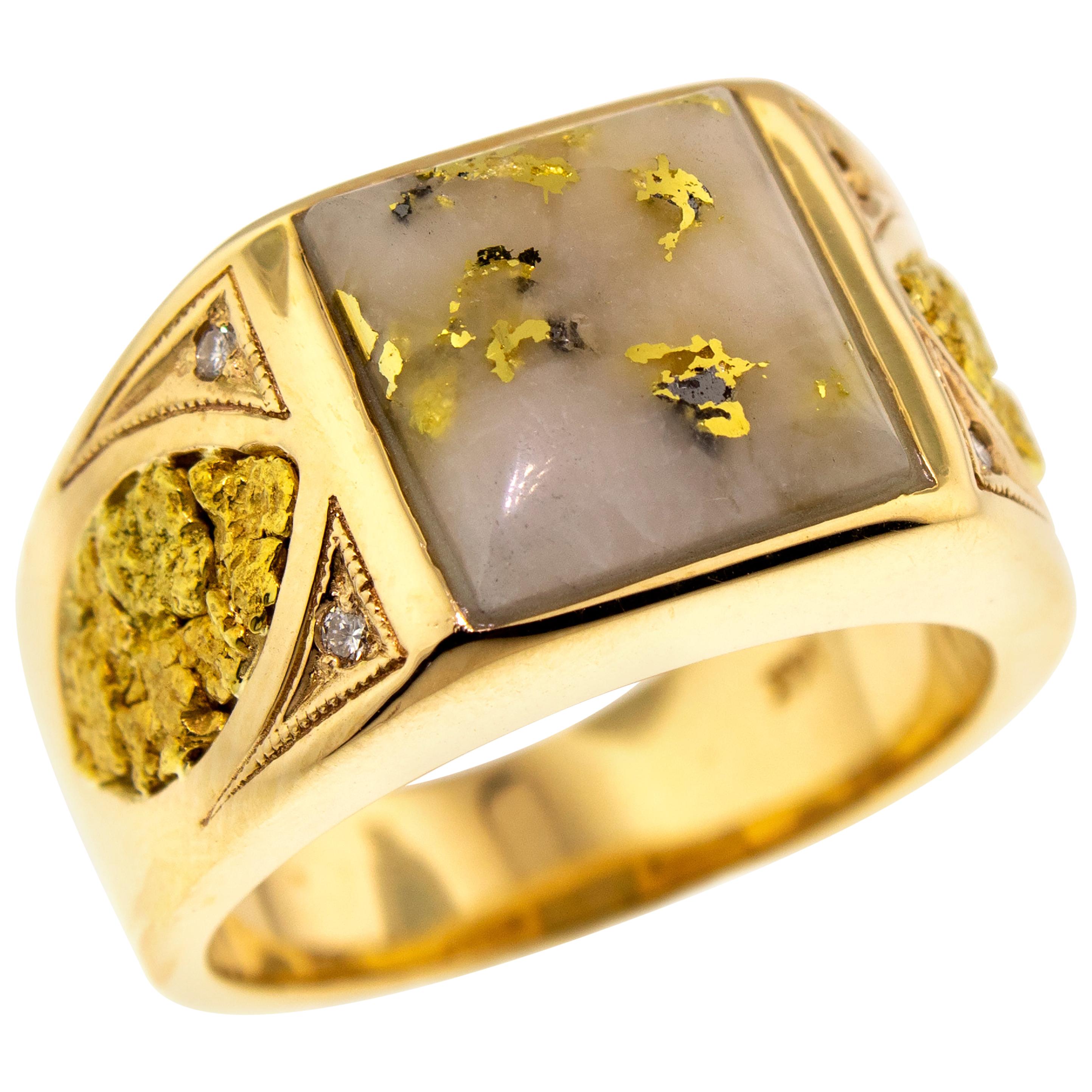 Natural Gold Bearing Quartz and Gold Nugget 14 Karat Gold Men’s Ring