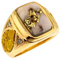 Natural Gold Bearing Quartz and Gold Nugget 14 Karat Gold Men’s Ring