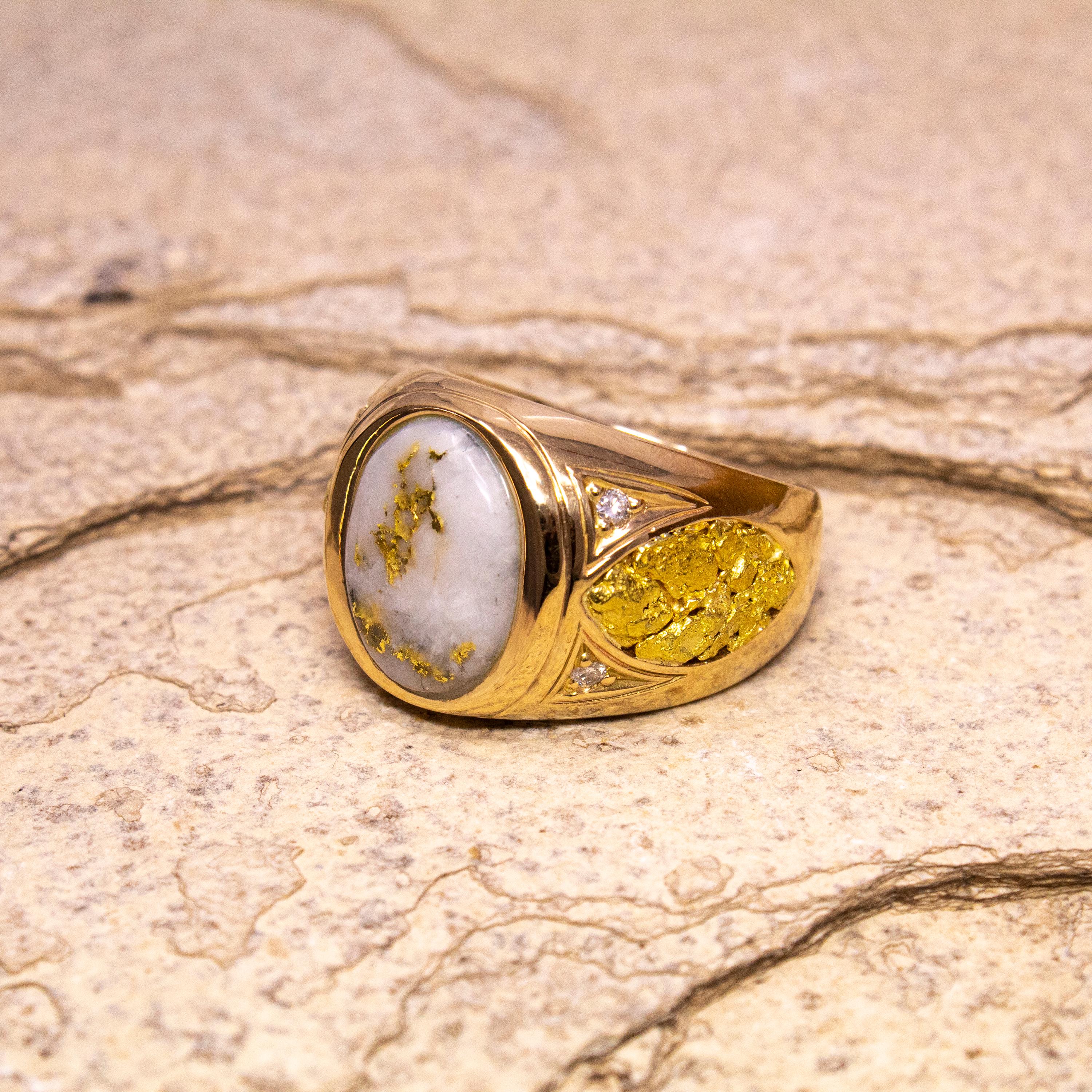 For Sale:  Natural Gold in Quartz and Gold Nugget 14kt Gold Custom Men’s Ring 2