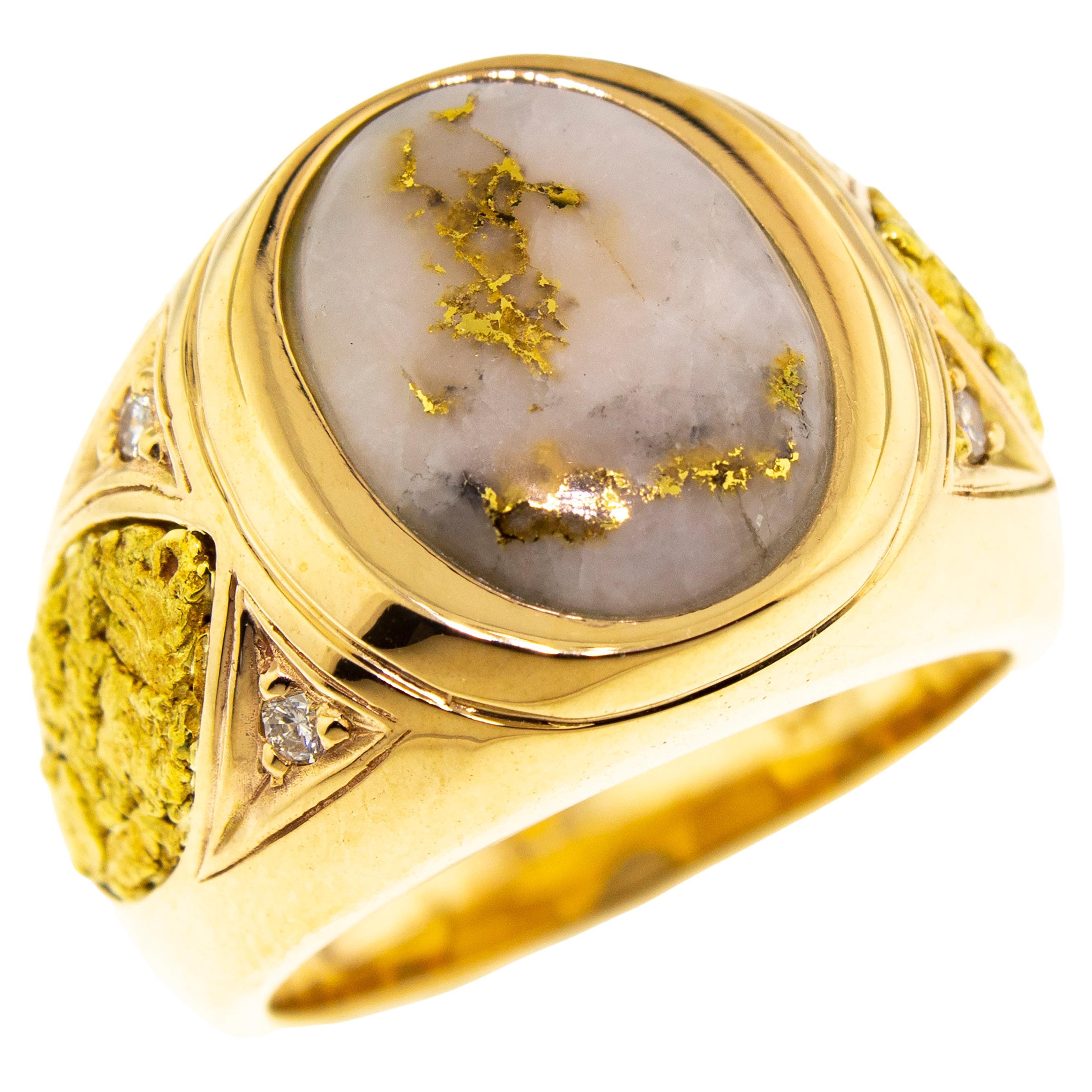 For Sale:  Natural Gold in Quartz and Gold Nugget 14kt Gold Custom Men’s Ring