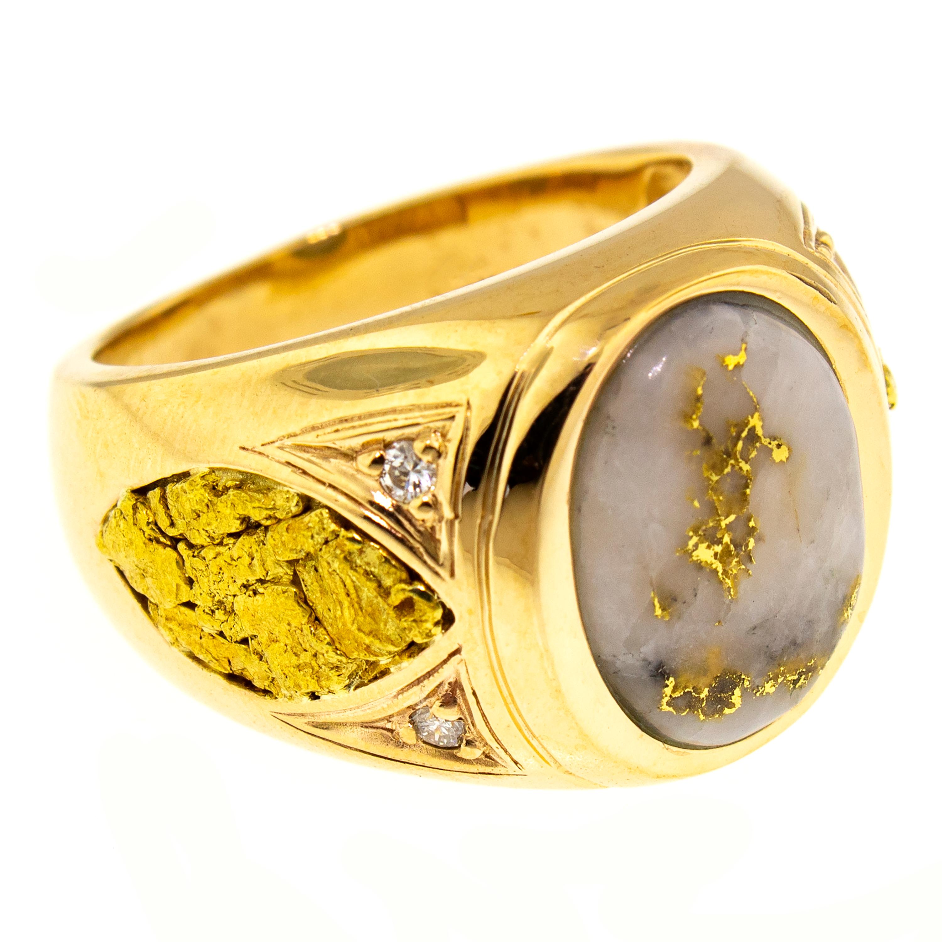 Exquisitely rare natural gold bearing quartz and gold nuggets are the focal points of this elegant and unusual men's ring. The classic shape and styling are a perfect frame for the natural material choices, and the color of the two types of natural