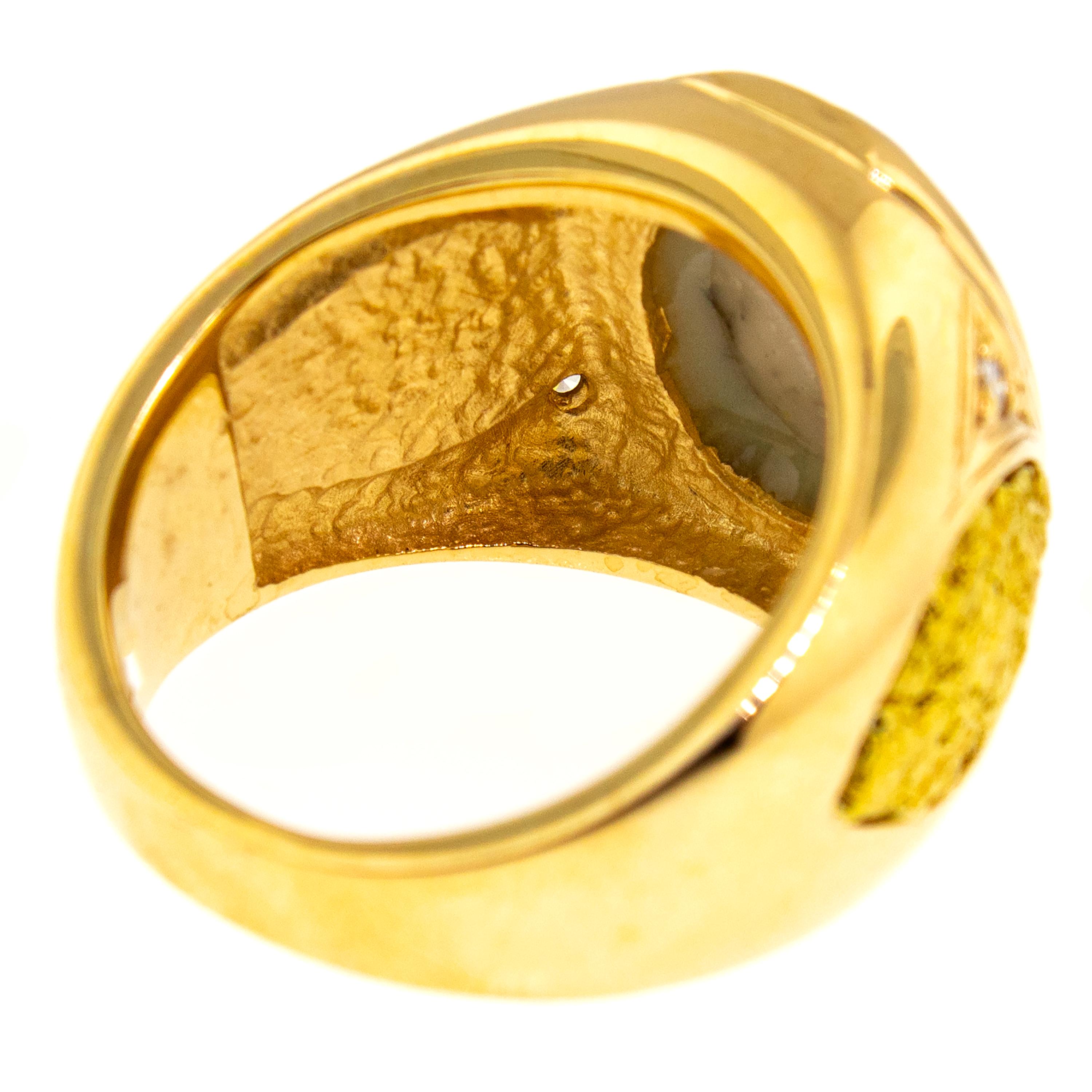 Round Cut Natural Gold Bearing Quartz and Gold Nugget 14kt Gold Men’s Ring