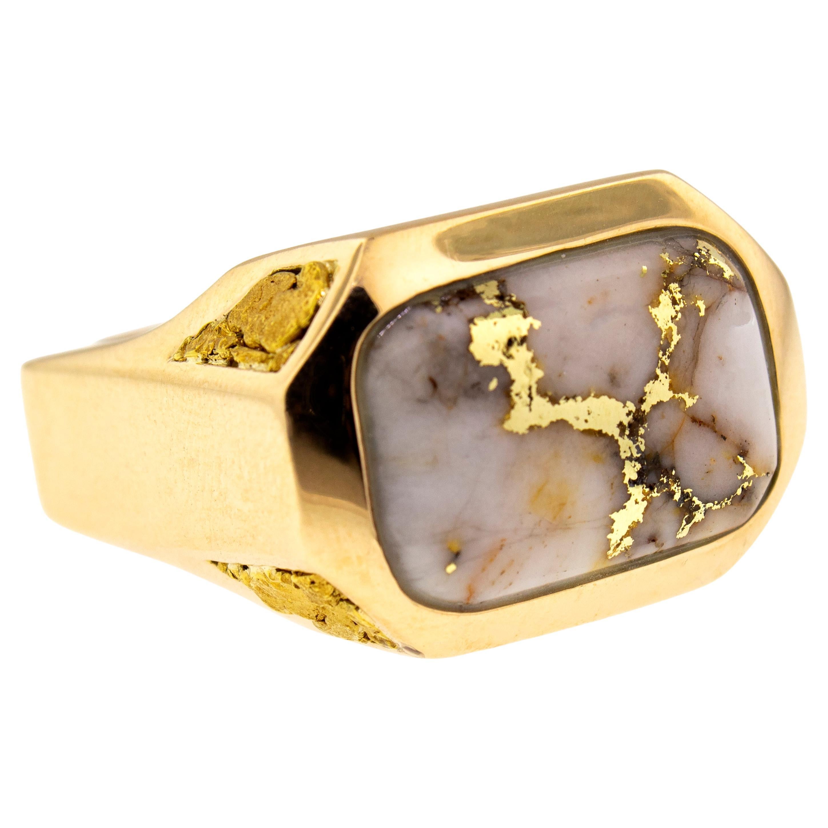 Natural Gold in Quartz and Gold Nugget 18 Karat Gold Men’s Custom Ring