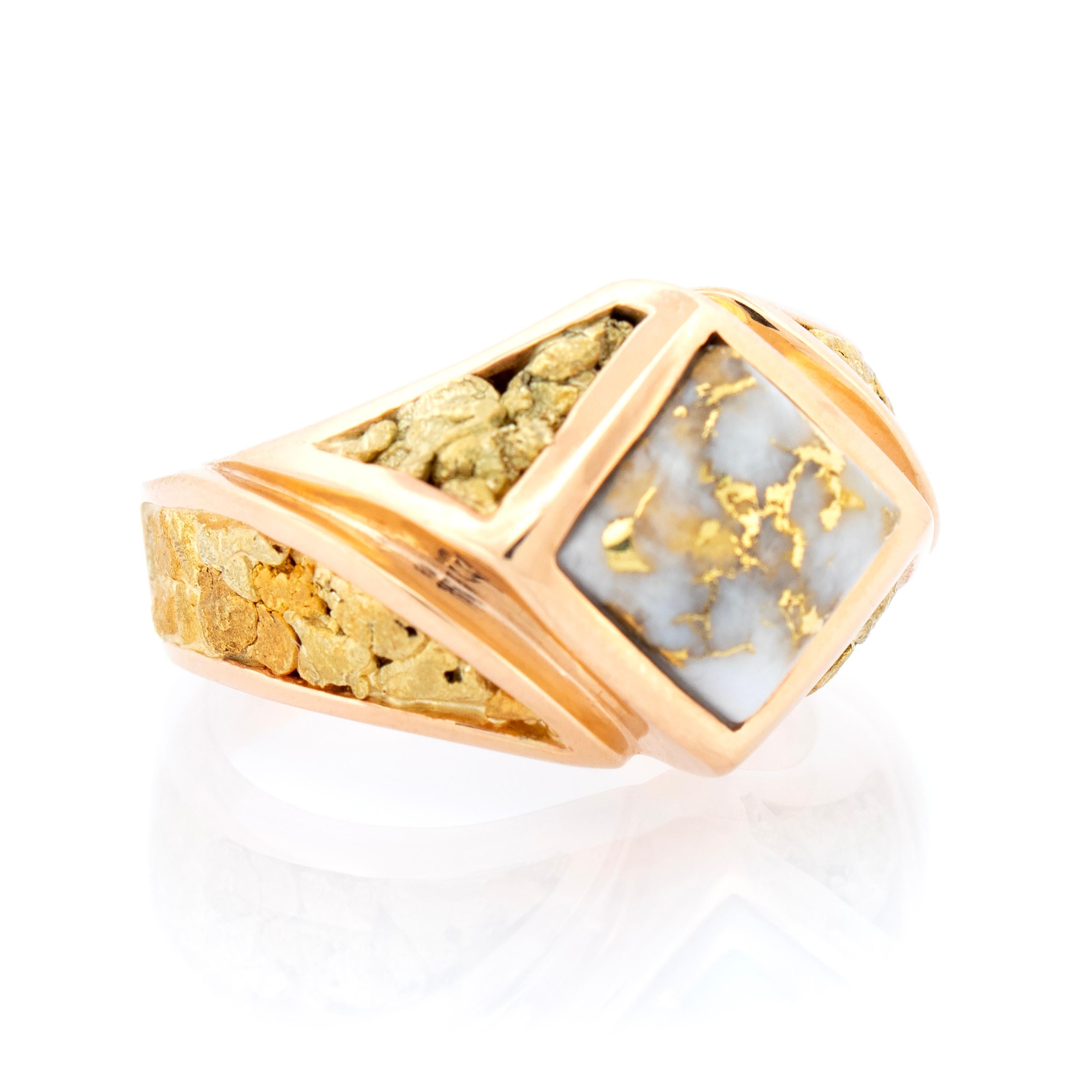 Cabochon Natural Gold in Quartz and Gold Nugget 14 Karat Men’s Ring