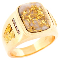 Natürliches Gold in Quarz und Goldnugget 14 Karat Herrenring